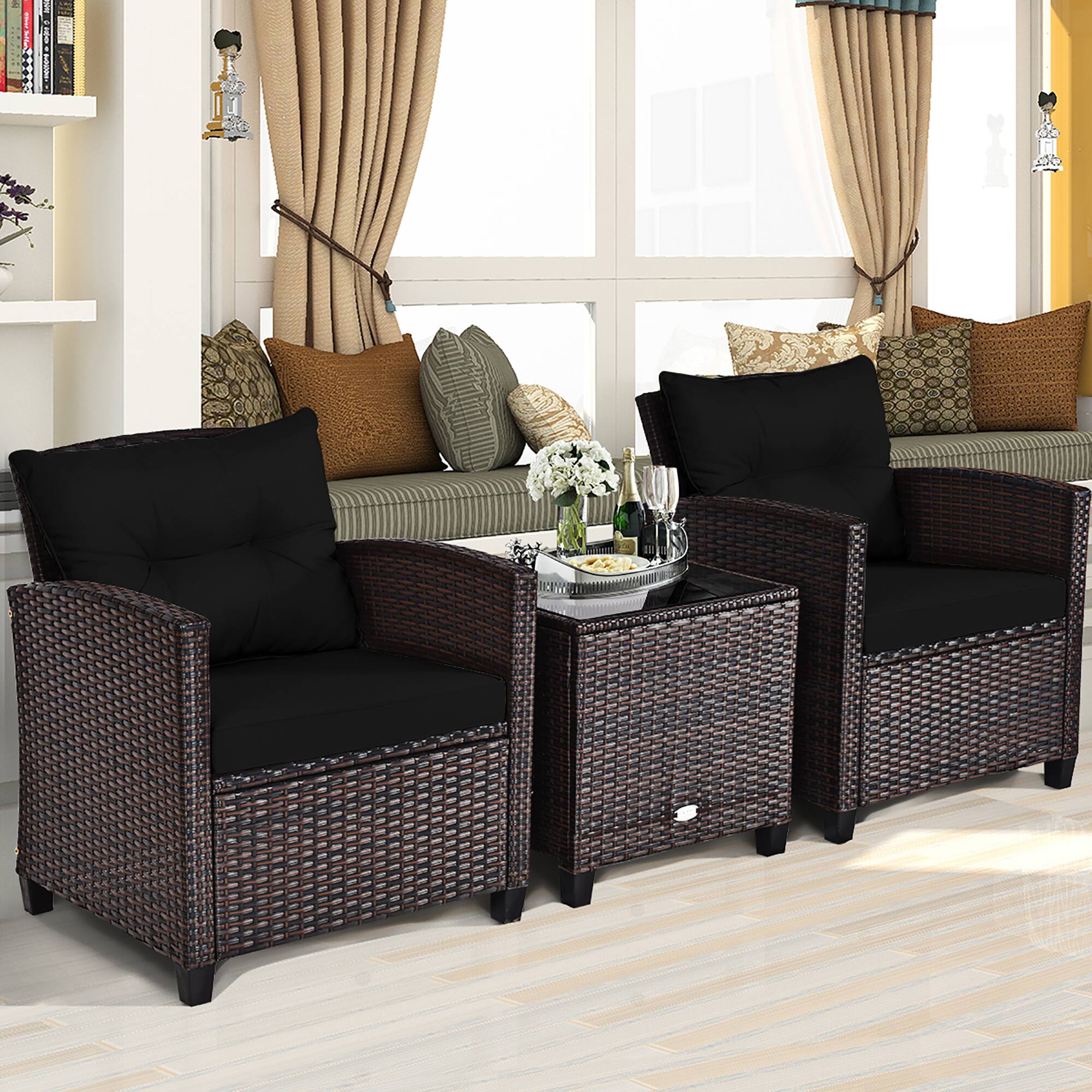 Alt View 3. Costway - 3PCS Patio Rattan Furniture Set Cushion Conversation Set Sofa Coffee Table - Black.