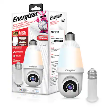 Energizer Smart 5GHz WiFi Bulb 1000 Lumens P/T Security Camera
- 2K Live Viewing
- 1000 Lumens Multi-White
- Dual Band
- Auto Motion Tracking
- Two-Way Conversation
- Weather IP54 Resistant
- Fits Standard Bulb Socket
- Works with Google Home and Alexa
Easy Setup:
1. Download the Energizer app.
2. Install your security camera.
3. Connect through Wi-Fi.
Requirements:
- Wi-Fi router
- Dual-band network
- Opening: 2.56 in (65 mm)
- Weight: 10.5 oz (298 g)
- Input: 100-240V AC
Package Includes:
- Smart 5GHz WiFi Light Bulb
- Security Camera
- Socket Extender
- Quick Start Guide
Works with Google Home and Alexa.