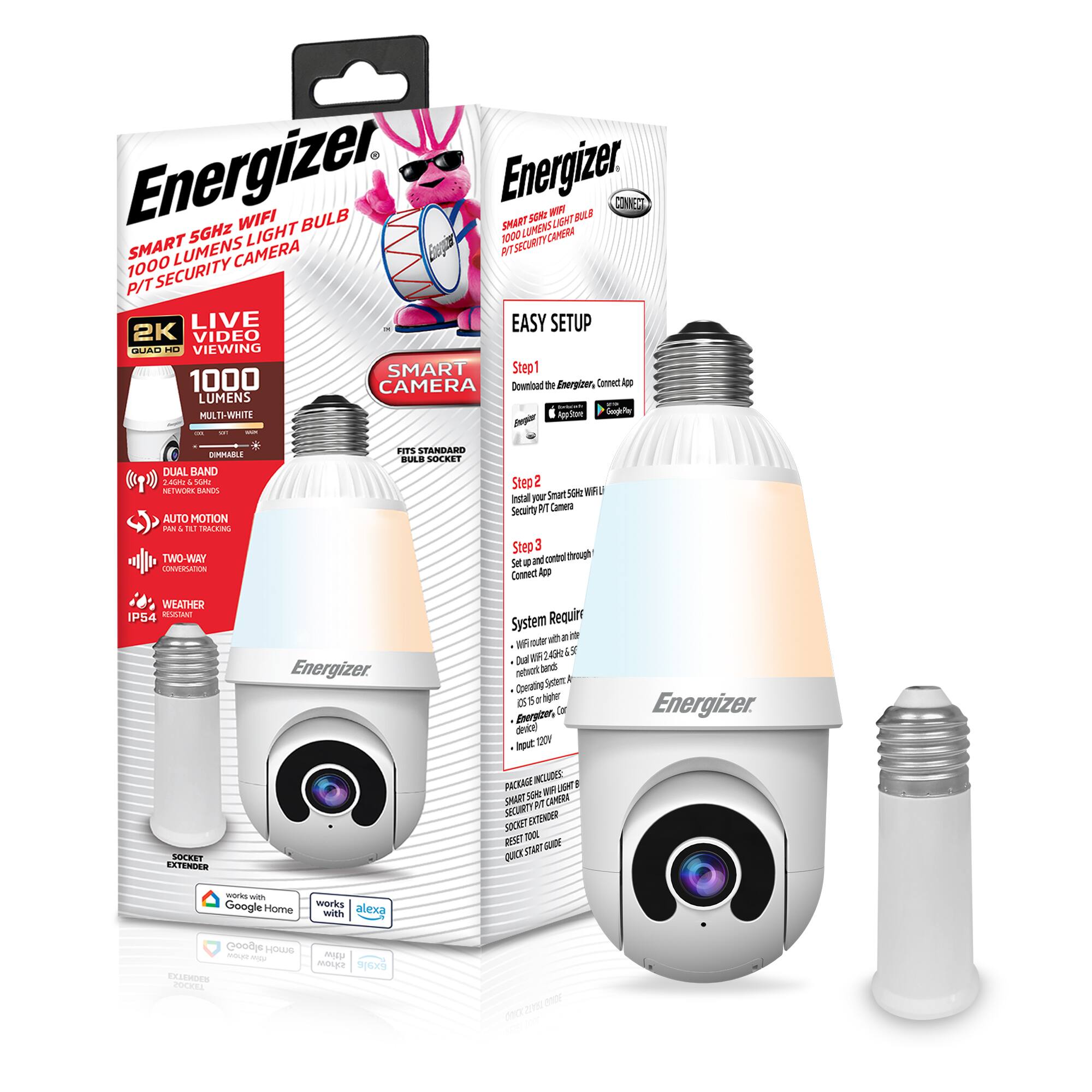 Energizer Smart 5GHz WiFi Bulb 1000 Lumens P/T Security Camera

- 2K Live Viewing
- 1000 Lumens Multi-White
- Dual Band
- Auto Motion Tracking
- Two-Way Conversation
- Weather IP54 Resistant
- Fits Standard Bulb Socket
- Works with Google Home and Alexa

Easy Setup:
1. Download the Energizer app.
2. Install your security camera.
3. Connect through Wi-Fi.

Requirements:
- Wi-Fi router
- Dual-band network
- Opening: 2.56 in (65 mm)
- Weight: 10.5 oz (298 g)
- Input: 100-240V AC

Package Includes:
- Smart 5GHz WiFi Light Bulb
- Security Camera
- Socket Extender
- Quick Start Guide

Works with Google Home and Alexa.