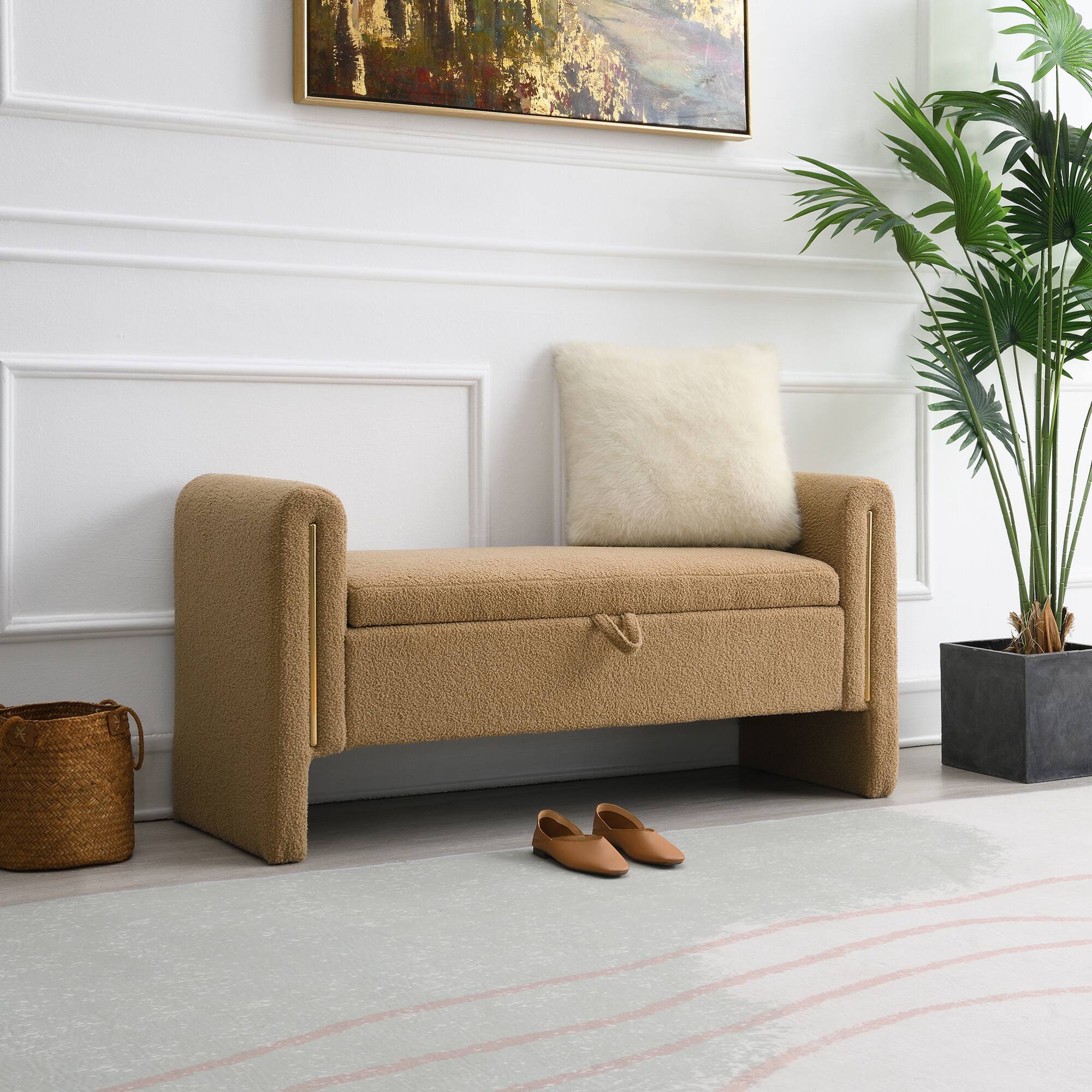 Angle. GOODSILO - Modern Upholstered Storage Bench with Arms, Large Foot Rest Stool for Living Room and Bedroom - Coffee.