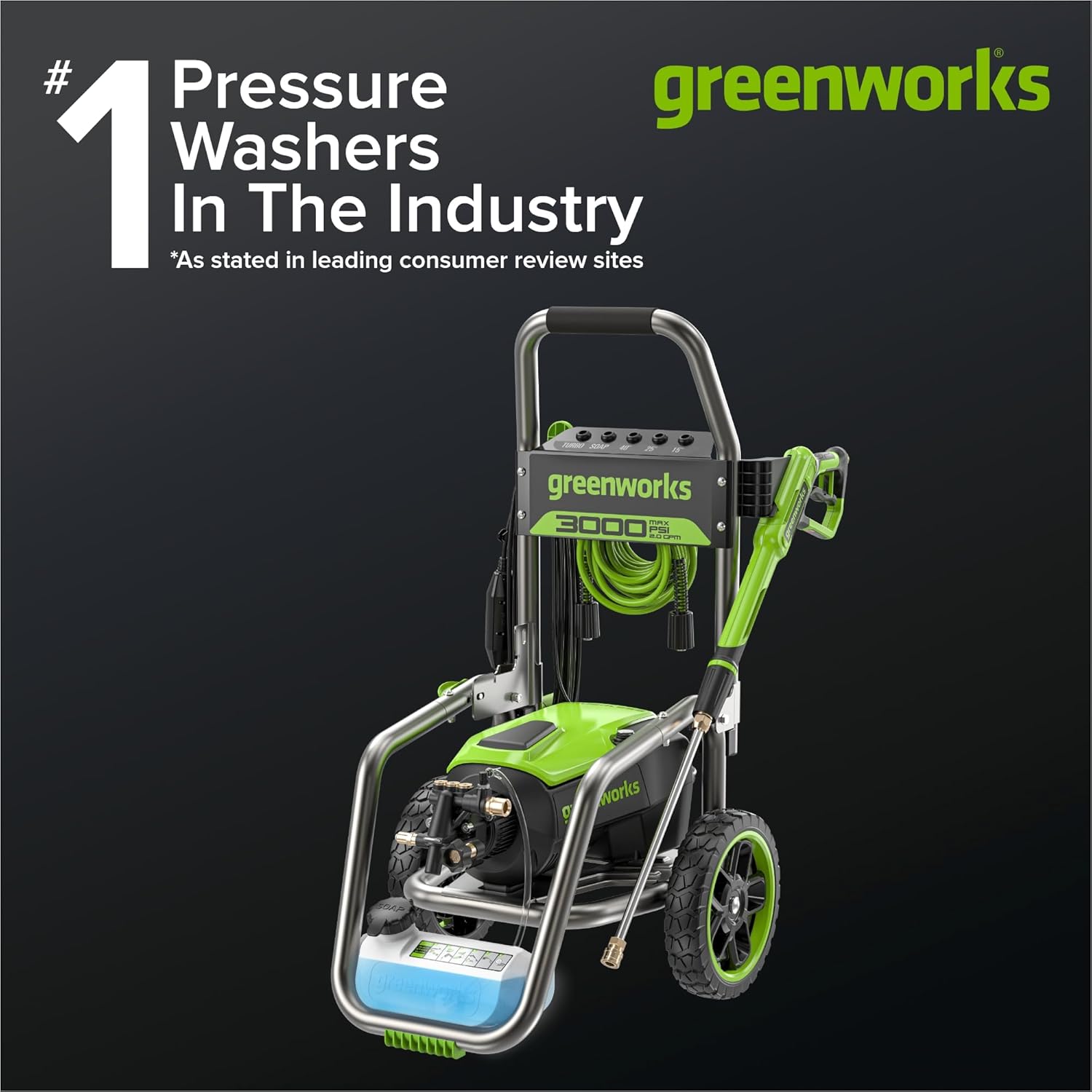 #1 Pressure Washers In The Industry  
*As stated in leading consumer review sites*  
greenworks  
3000 PSI