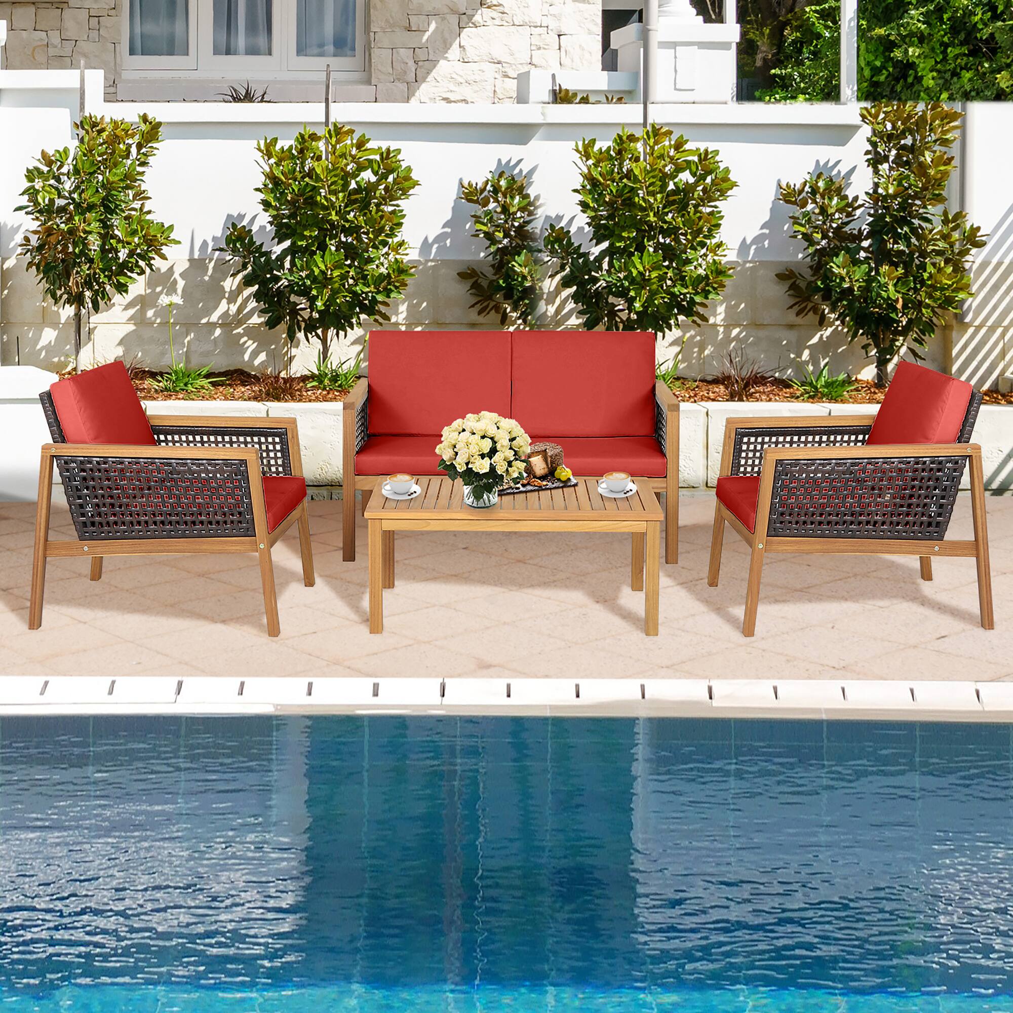 Alt View 1. Costway - Costway 4PCS Patio Rattan Furniture Set Acacia Wood Cushioned Sofa - Mix Brown/Red.