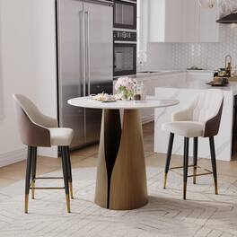 POVISON - 24" Modern Counter Stools Set of 2, Leather Bar Stools with Backs, Upholstered Bar Stools, Beige Bar Stools, Brown - Brown PU Leather