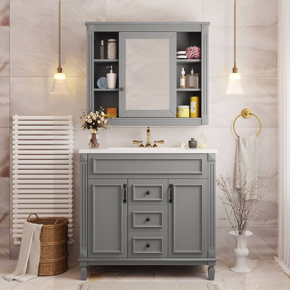 Left. Loheer - Loheer 36 inch bathroom vanity with sink Grey Modern Solid Wood - Grey.