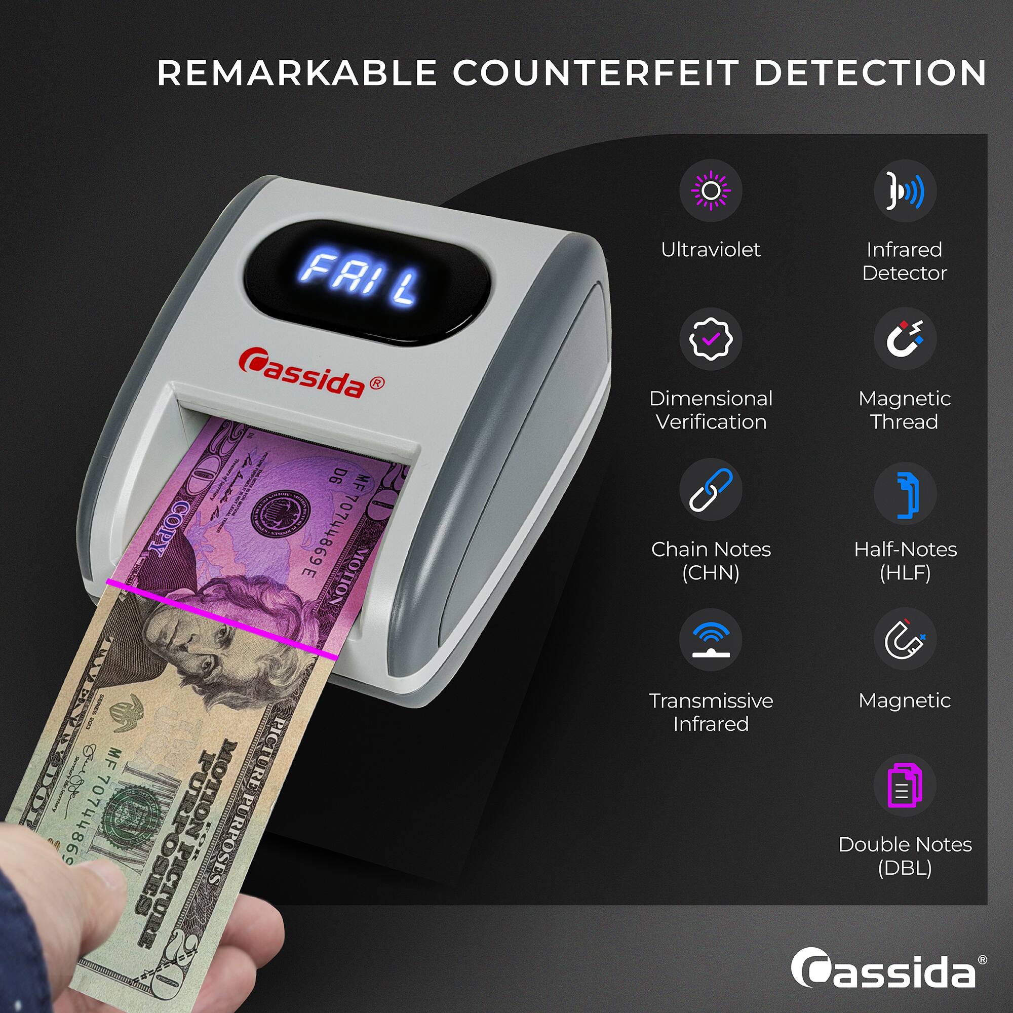 REMARKABLE COUNTERFEIT DETECTION

LOV MF 1000 70744869

FAIL L Cassida BASTER D6 MF COPY E 70744869 MOTION NOLIO PICTURE STUDION PURPOSES

Ultraviolet Infrared Detector Dimensional Magnetic Verification Thread Chain Notes Half-Notes (CHN) (HLF) Transmissive Magnetic Infrared Double Notes (DBL) Cassida