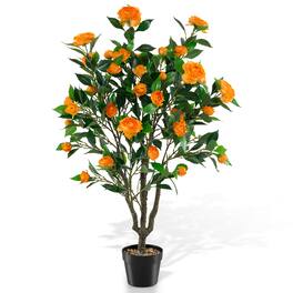 Costway - 40" Artificial Camellia Tree with 37 Flowers, River Stones for Living Room Front - Orange + Green + Black