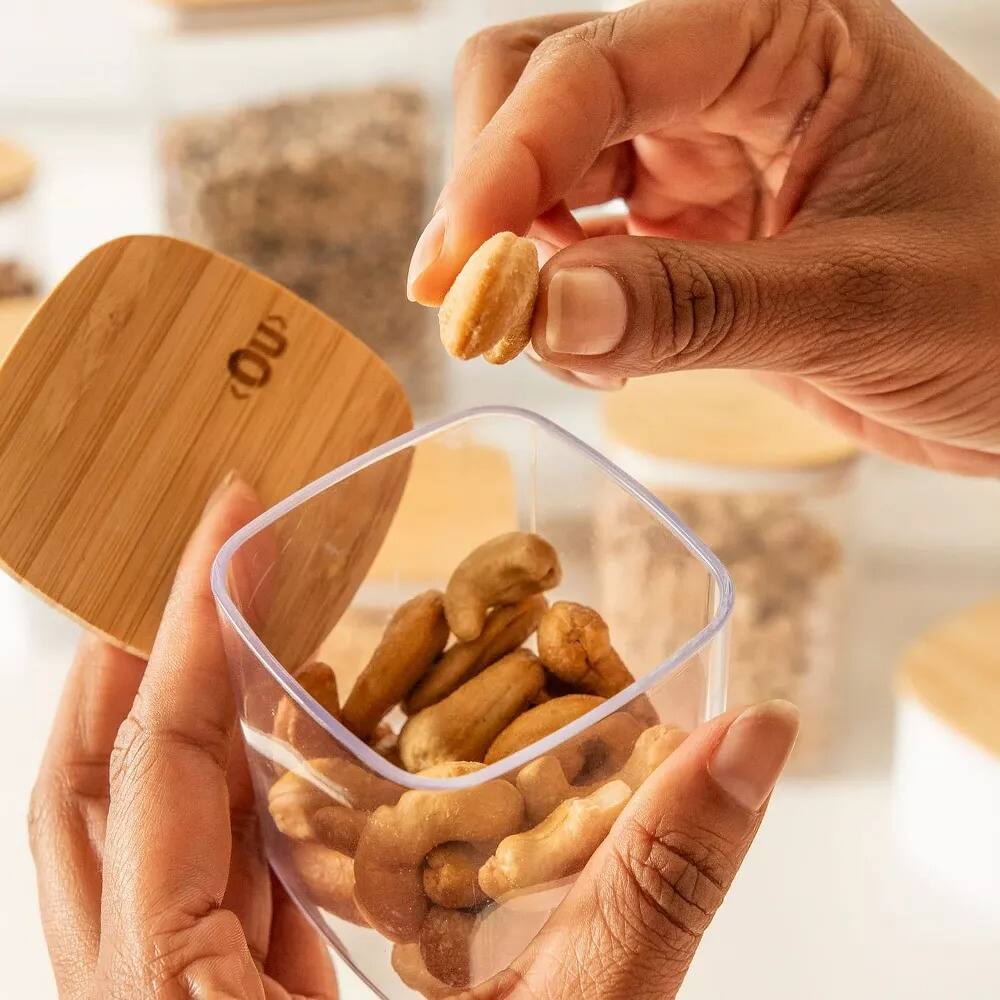 Angle. OU - OU Airtight Food Storage Container 1.9cup, Plastic Food Storage Container with Leak Proof Bamboo Lid - Clear.