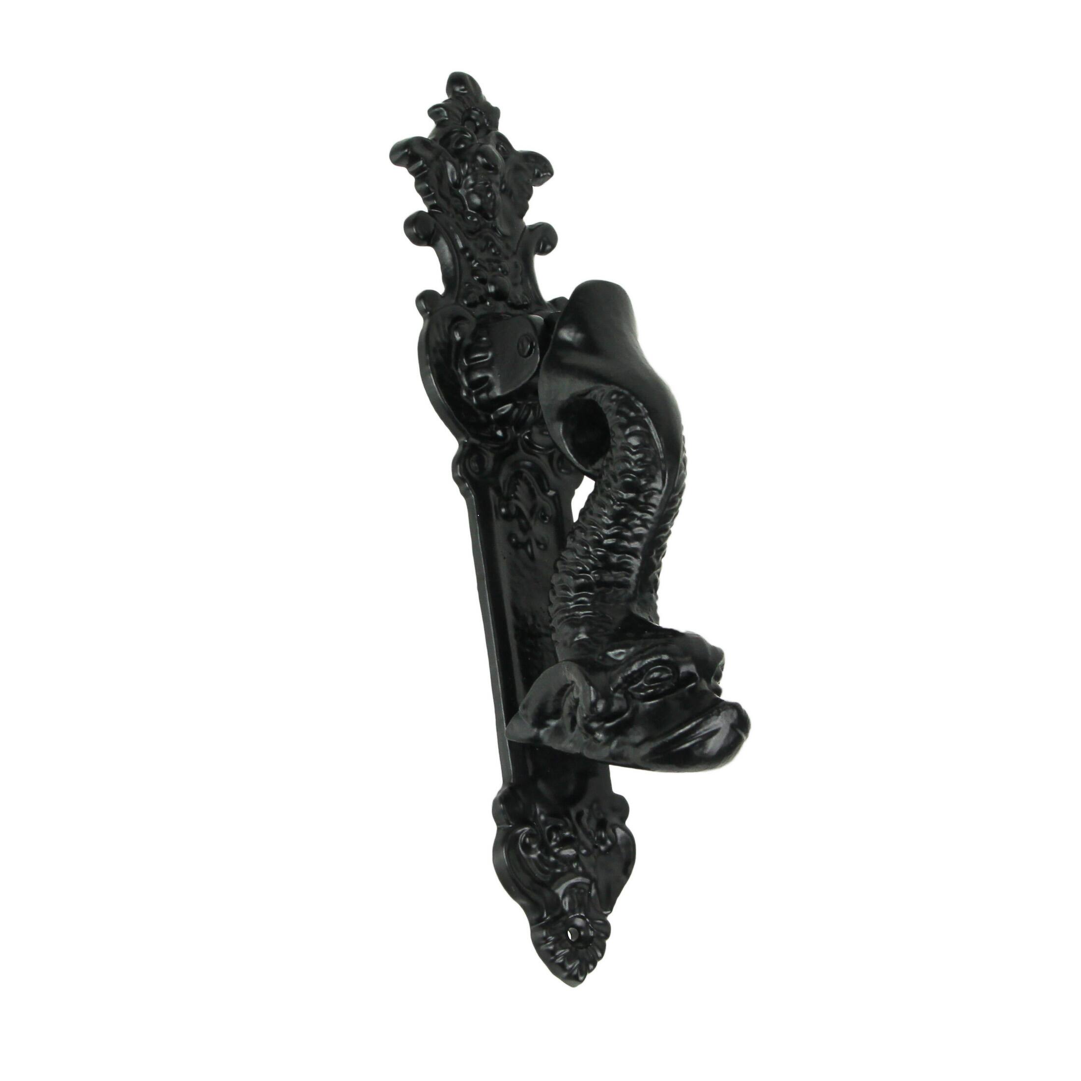 Front. Moby Dick Specialties - Rustic Black Enamel Cast Iron Roman Dolphin Decorative Door Knocker - Black.