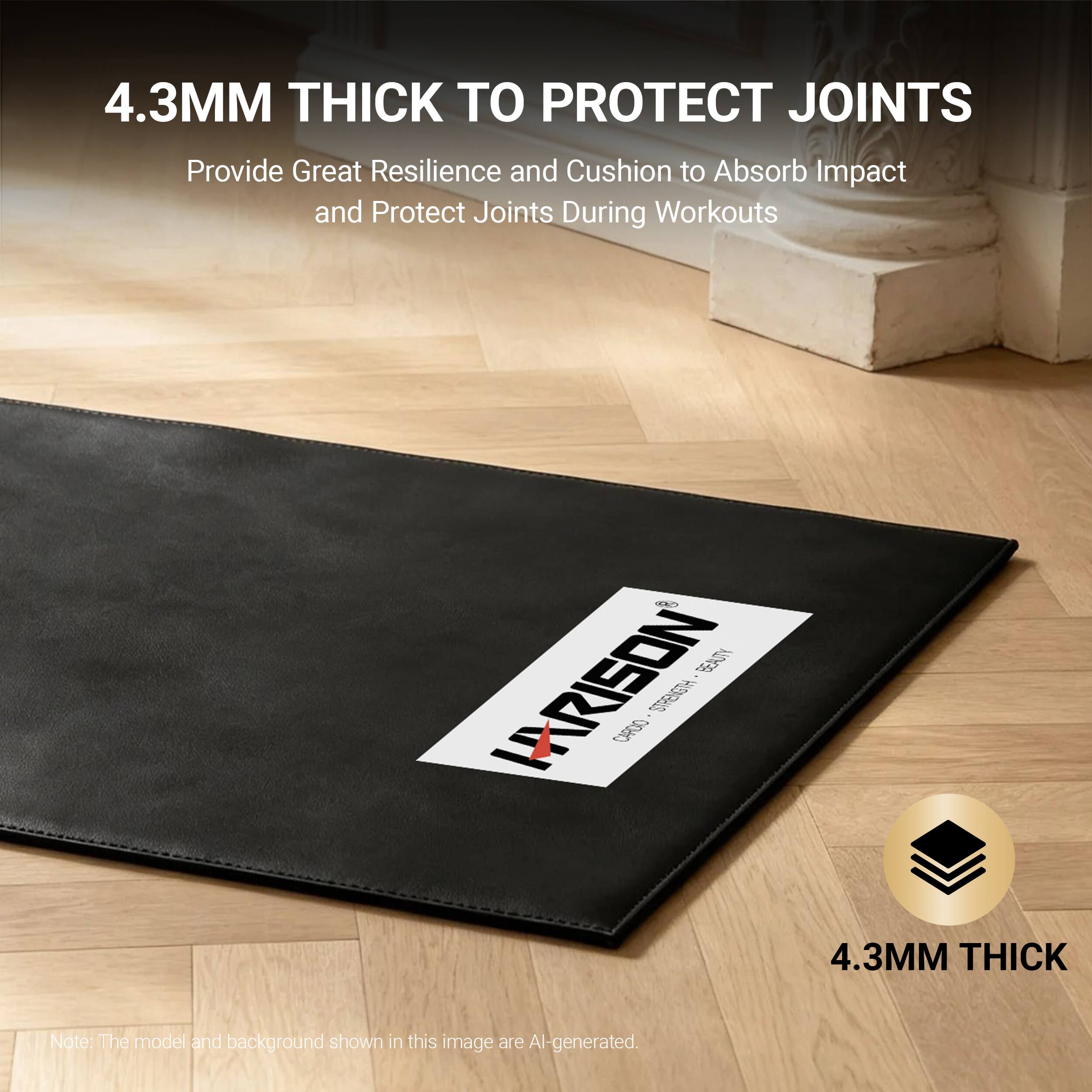 4.3MM THICK TO PROTECT JOINTS  
Provide Great Resilience and Cushion to Absorb Impact and Protect Joints During Workouts  
@ BEAUTY HARISON CARDIO STRENGTH  
4.3MM THICK  

Note: The model and background shown in this image are AI-generated.