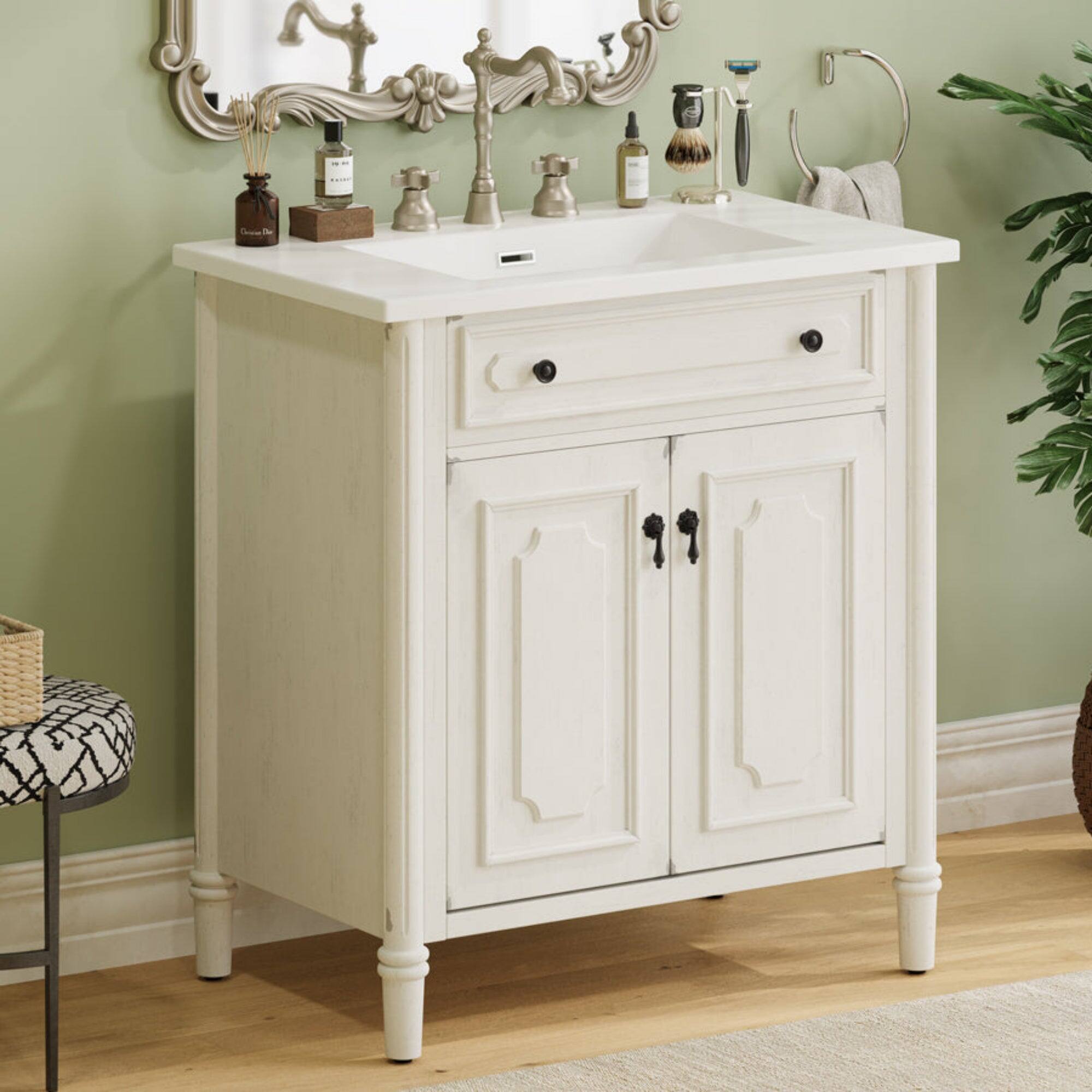 Alt View 4. Boyel Living - 31 Inch Vintage Bathroom Vanity with Sink Rustic Cabinet Soft Close Doors Adjustable Shelf White - White.