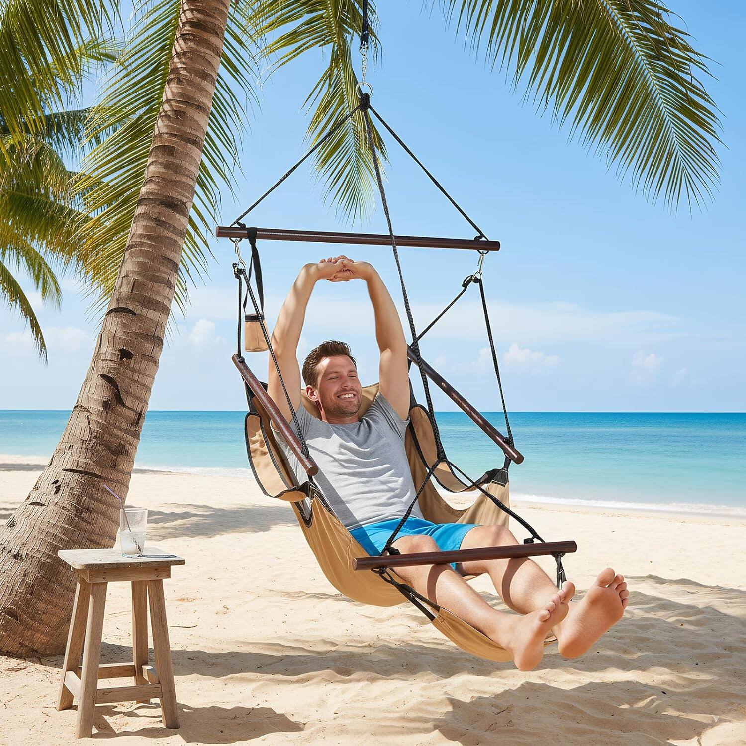 Alt View 7. Winado - 1PC Hammock Hanging Sky Chair, Air Deluxe Swing Seat with Cup Holder, Wooden Stick, Chain for Indoor Outdoor Garden - Brown.
