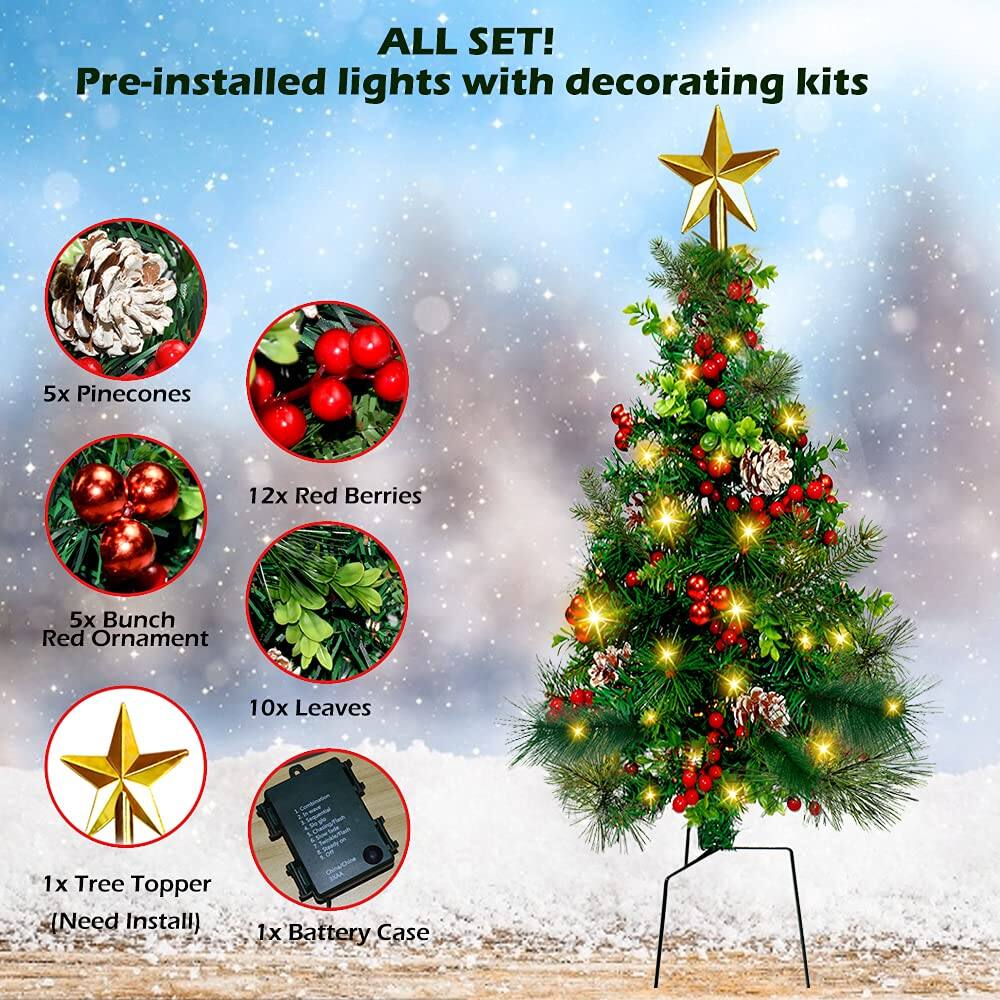 ALL SET!  
Pre-installed lights with decorating kits  

- 5x Pinecones  
- 12x Red Berries  
- 5x Bunch Red Ornament  
- 10x Leaves  
- 1x Tree Topper (Need Install)  
- 1x Battery Case