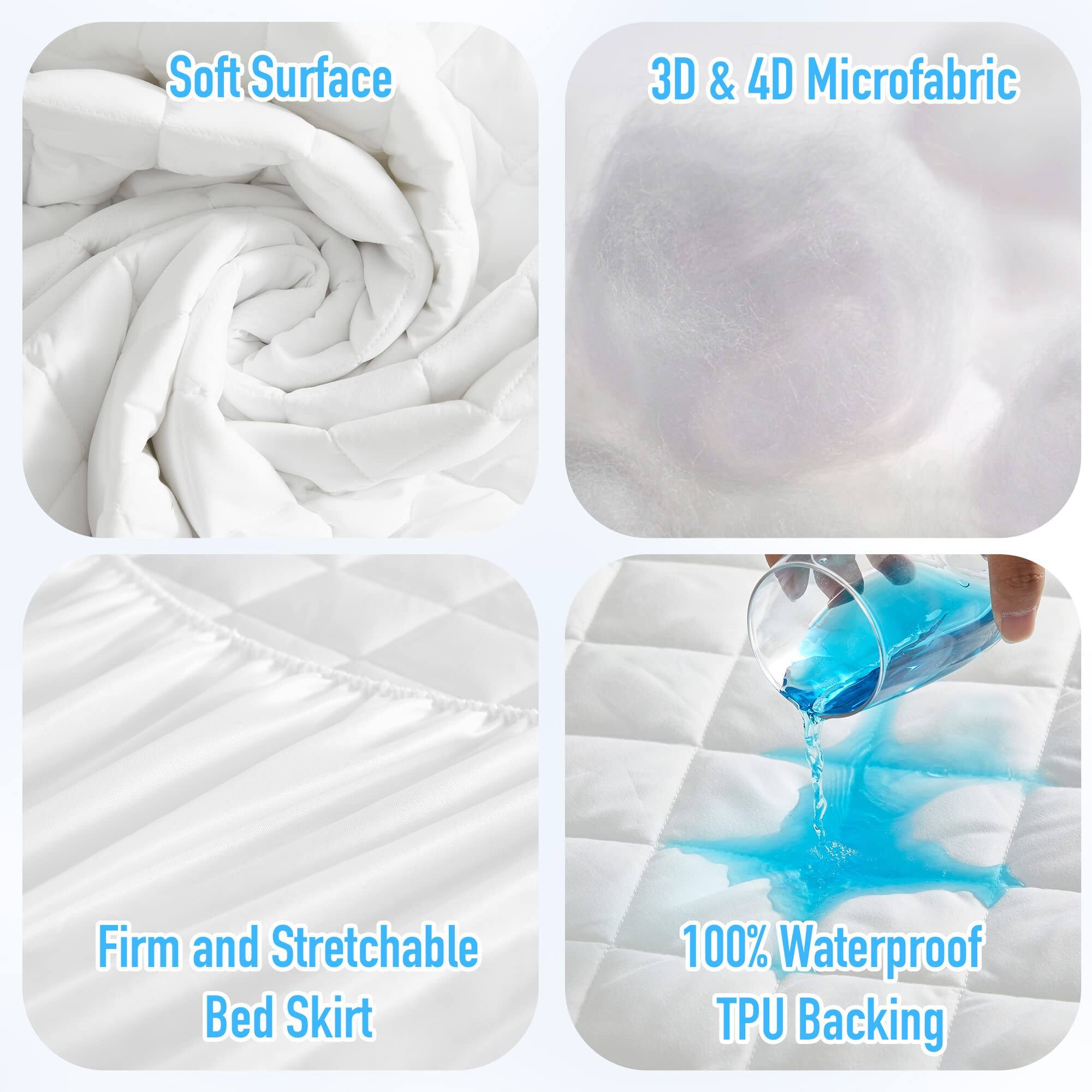 - Soft Surface
- 3D & 4D Microfabric
- Firm and Stretchable Bed Skirt
- 100% Waterproof TPU Backing