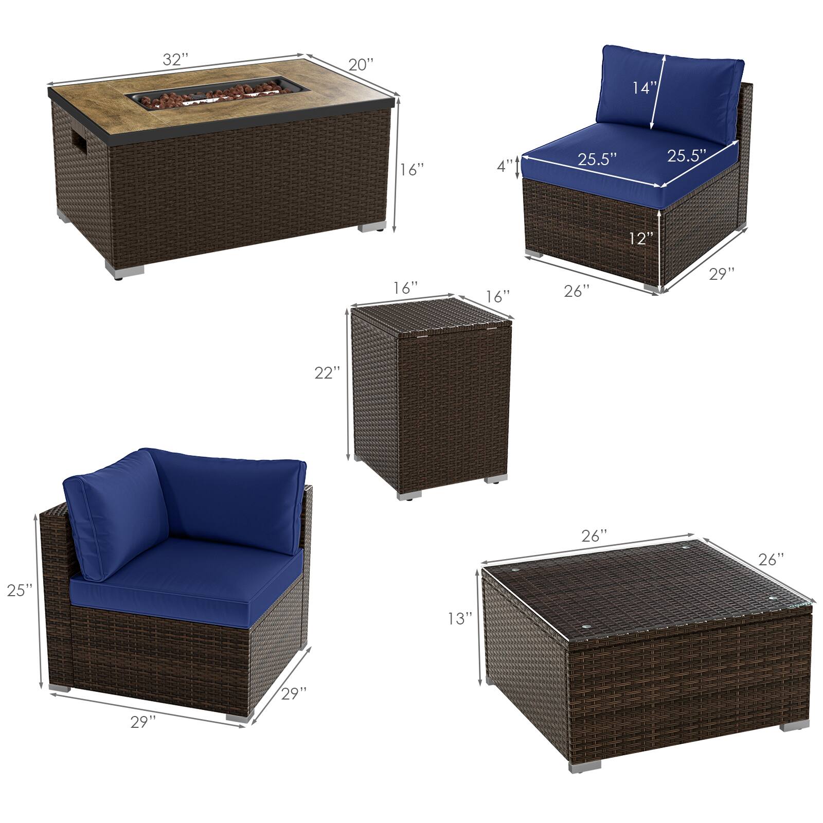 32" x 20" x 16"  
25.5" x 25.5" x 14"  
29" x 26" x 12"  
29" x 29" x 25"  
29" x 29" x 25"  
26" x 26" x 13"