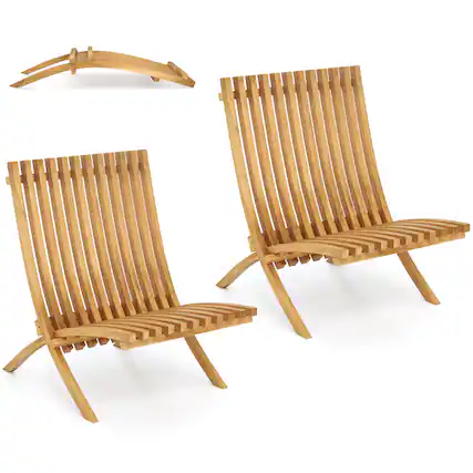 Front. Gymax - Gymax 2 PCS Folding Patio Chair Teak Wood Outdoor Lounge Chair w/ Slatted Seat & Backrest - Natural.