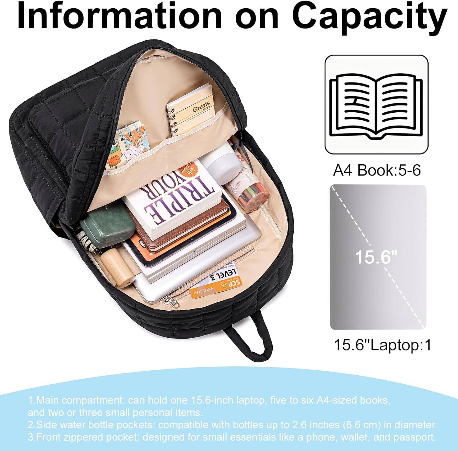Information on Capacity

1. Main compartment: can hold one 15.6-inch laptop, five to six A4-sized books, and two or three small personal items.
2. Side water bottle pockets: compatible with bottles up to 2.6 inches (6.6 cm) in diameter.
3. Front zippered pocket: designed for small essentials like a phone, wallet, and passport.

A4 Book: 5-6

15.6" Laptop: 1