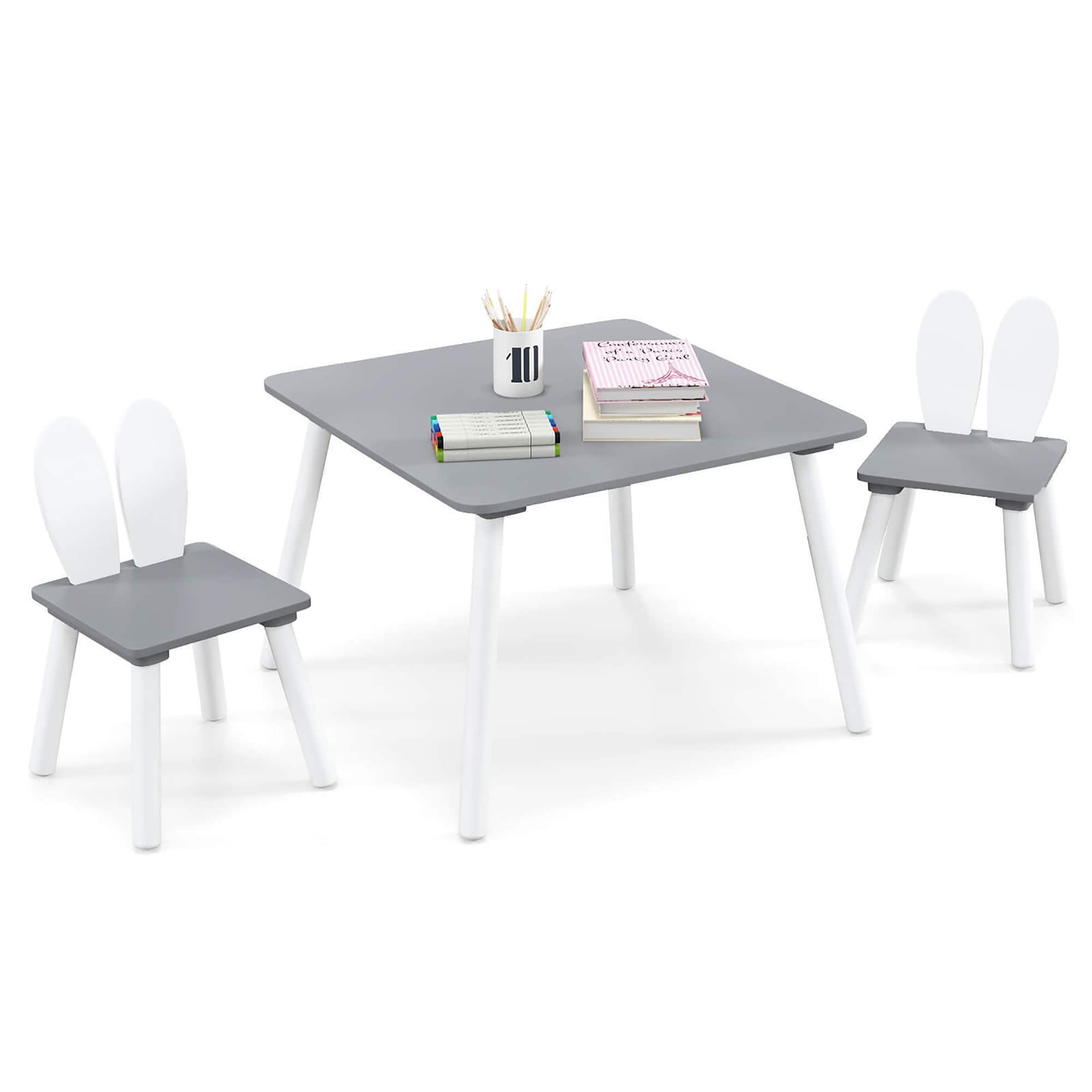 Gymax - 3 Pieces Kids Table & Chairs Set Children Wooden Furniture Set w/ Solid Wood Legs - Gray price history on PriceWatchPro