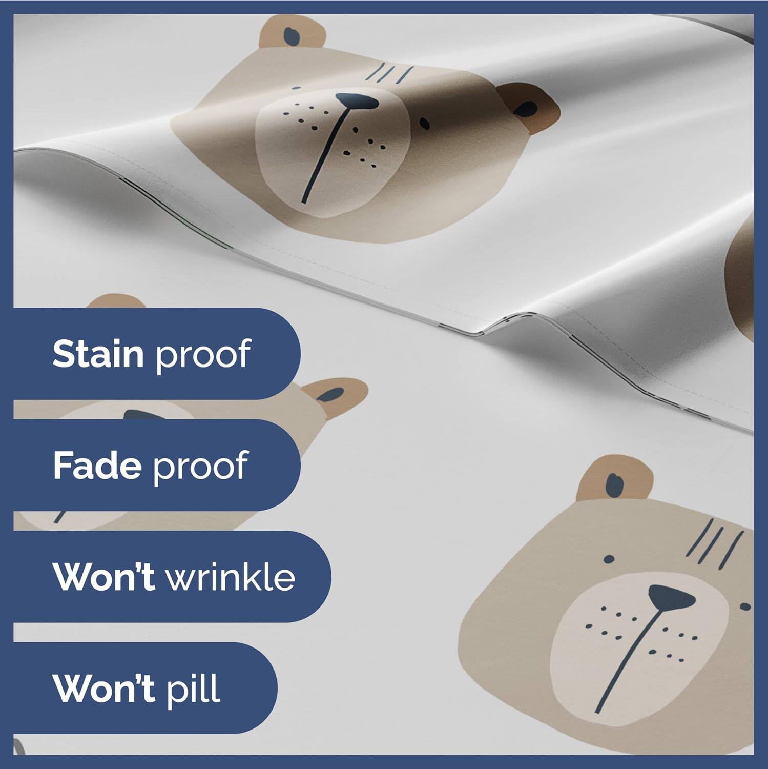 Stain proof  
Fade proof  
Won't wrinkle  
Won't pill