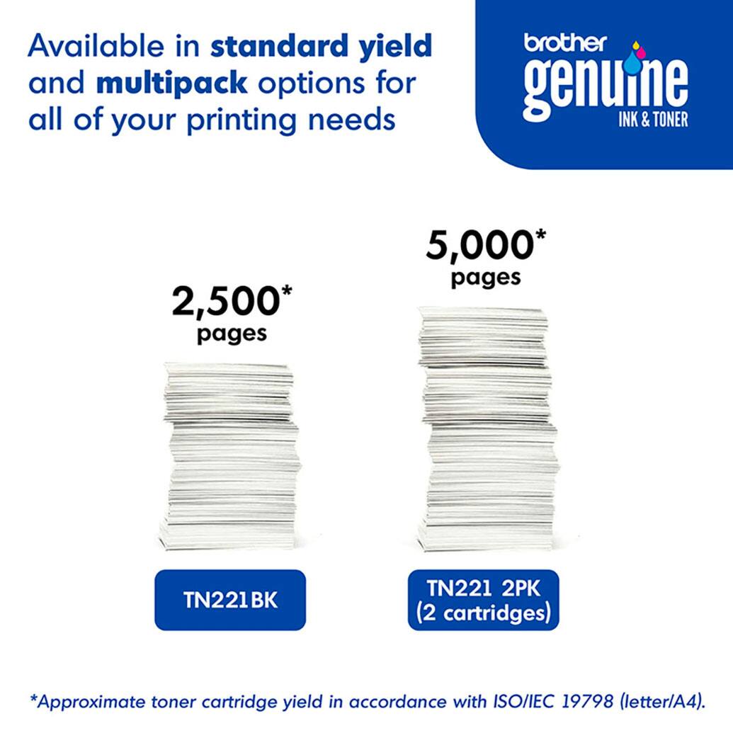 Available in standard yield and multipack options for all of your printing needs, Brother Genuine Ink & Toner offers 2,500 pages and 5,000 pages of TN221BK and TN221 2PK (2 cartridges), respectively. The yield is based on ISO/IEC 19798 (letter/A4) standards.