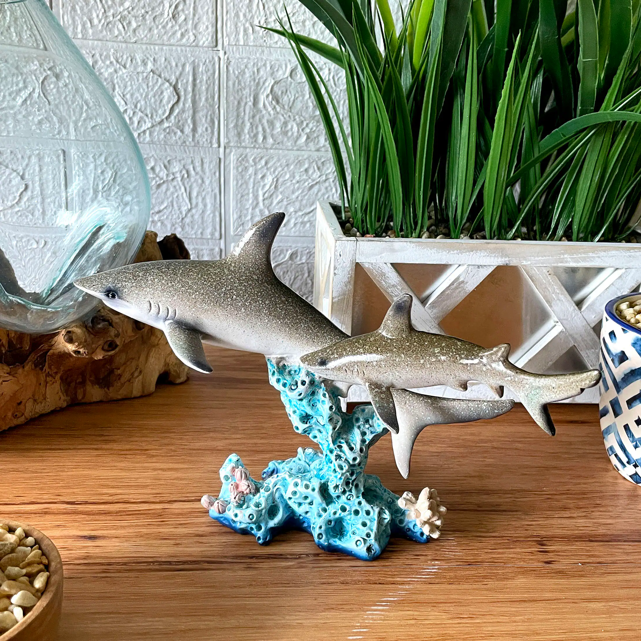 Alt View 3. Things2Die4 - Double Sharks on Coral Statue 10" Hand-Painted Ocean Marine Decor - Multicolored.