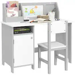 Qaba - Toddler Desk and Chair Set, Kids Writing Desk Study Table, Whiteboard, Storage Cabinet, Child Furniture, Art Gifts - Gray