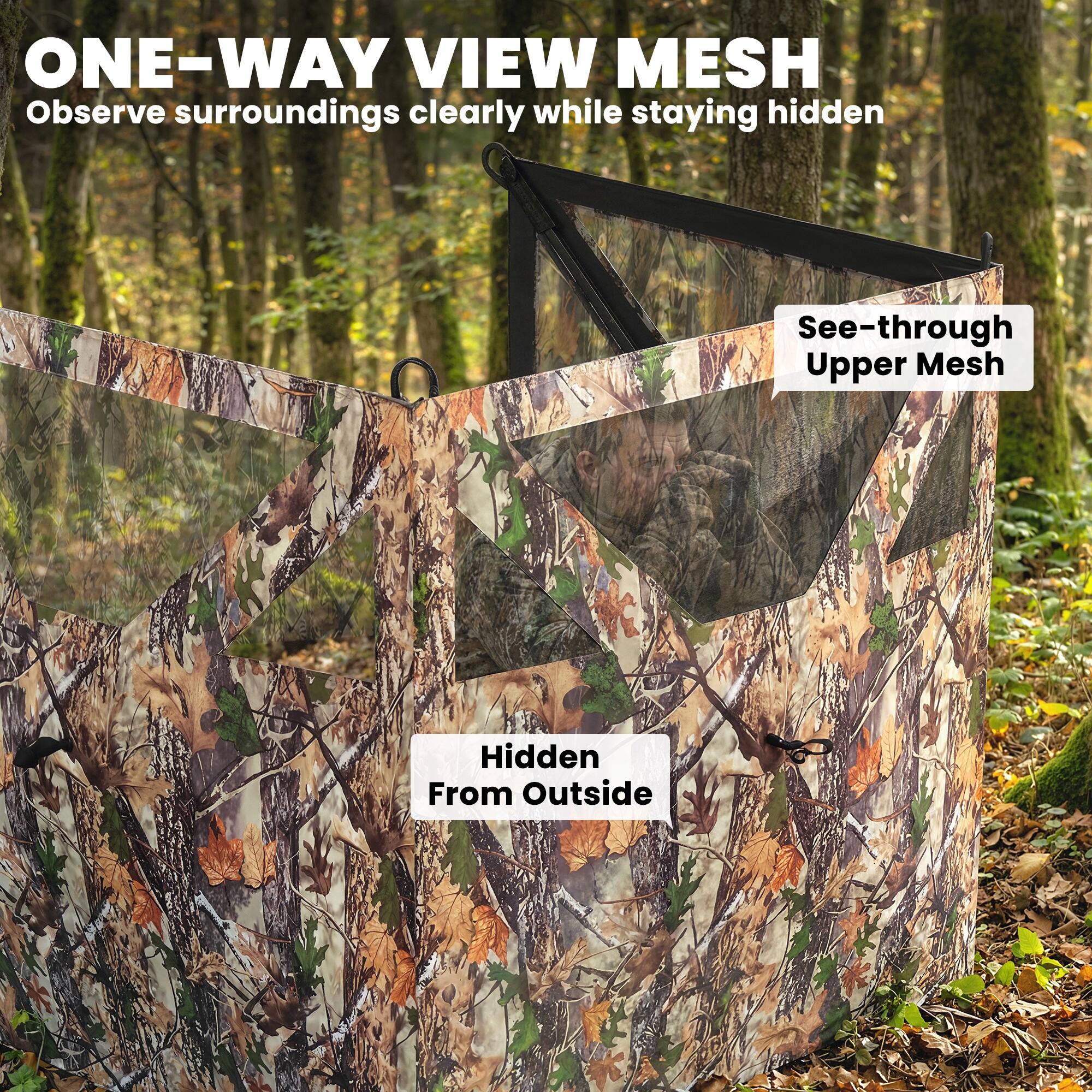ONE-WAY VIEW MESH  
Observe surroundings clearly while staying hidden  

See-through Upper Mesh  
Hidden From Outside