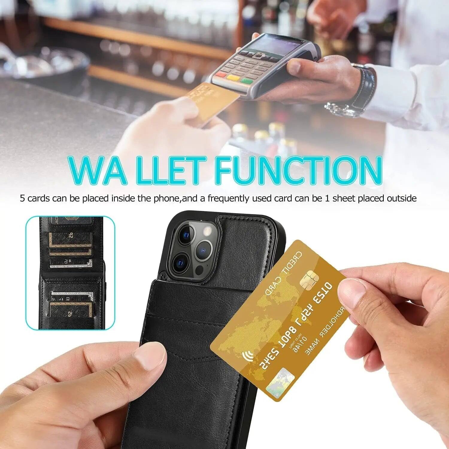 WALLET FUNCTION  
5 cards can be placed inside the phone, and a frequently used card can be 1 sheet placed outside

CREDIT CARD HOLDER  
NAME: She2  
CARD NUMBER: 9212 53 L9Sh RDHOLDER TOb8 THRUS 01/46