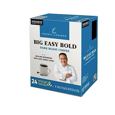 KEURIG  
EMERIL LAGASSE  
BIG EASY BOLD  
DARK ROAST COFFEE  

Rich and Intense with a Deep, Robust Flavor  

24 K-CUP PODS  
NET WT 9.6 OZ (73 g)