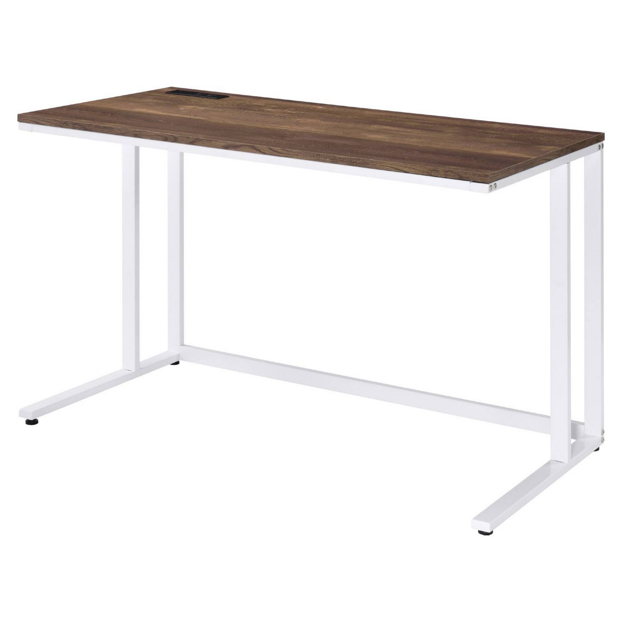 Front. Manhattan Lane - Writing Desk with Wooden Top and Built in USB Port, Brown and White - White and Brown.