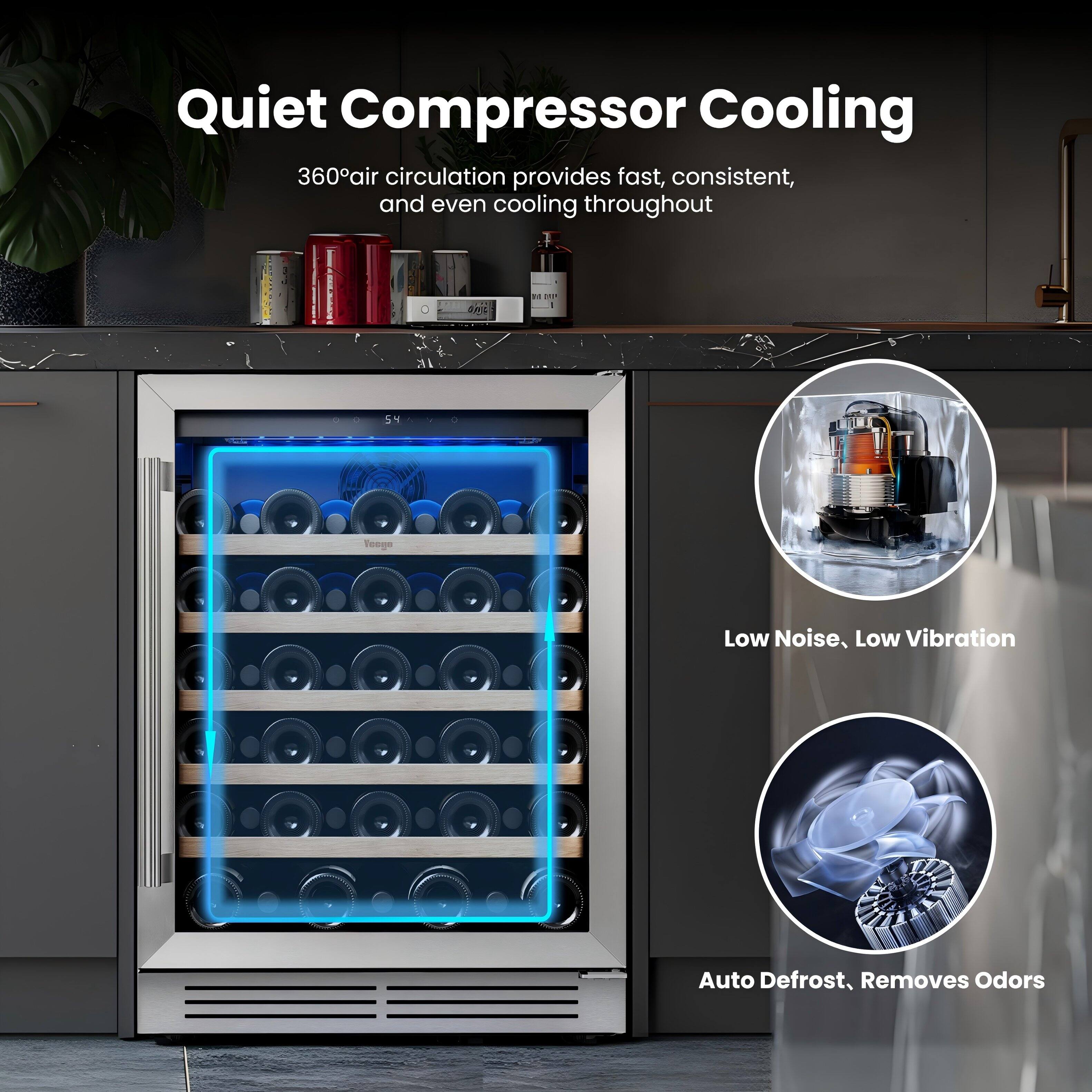 Quiet Compressor Cooling  
360° air circulation provides fast, consistent, and even cooling throughout  
- Low Noise, Low Vibration  
- Auto Defrost, Removes Odors