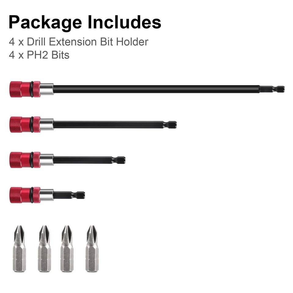 Package Includes

4 x Drill Extension Bit Holder

4 x PH2 Bits