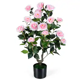 Costway - Artificial Camellia Tree, Faux Flower Plant in Cement-Filled Pot, Indoor Outdoor - Pink