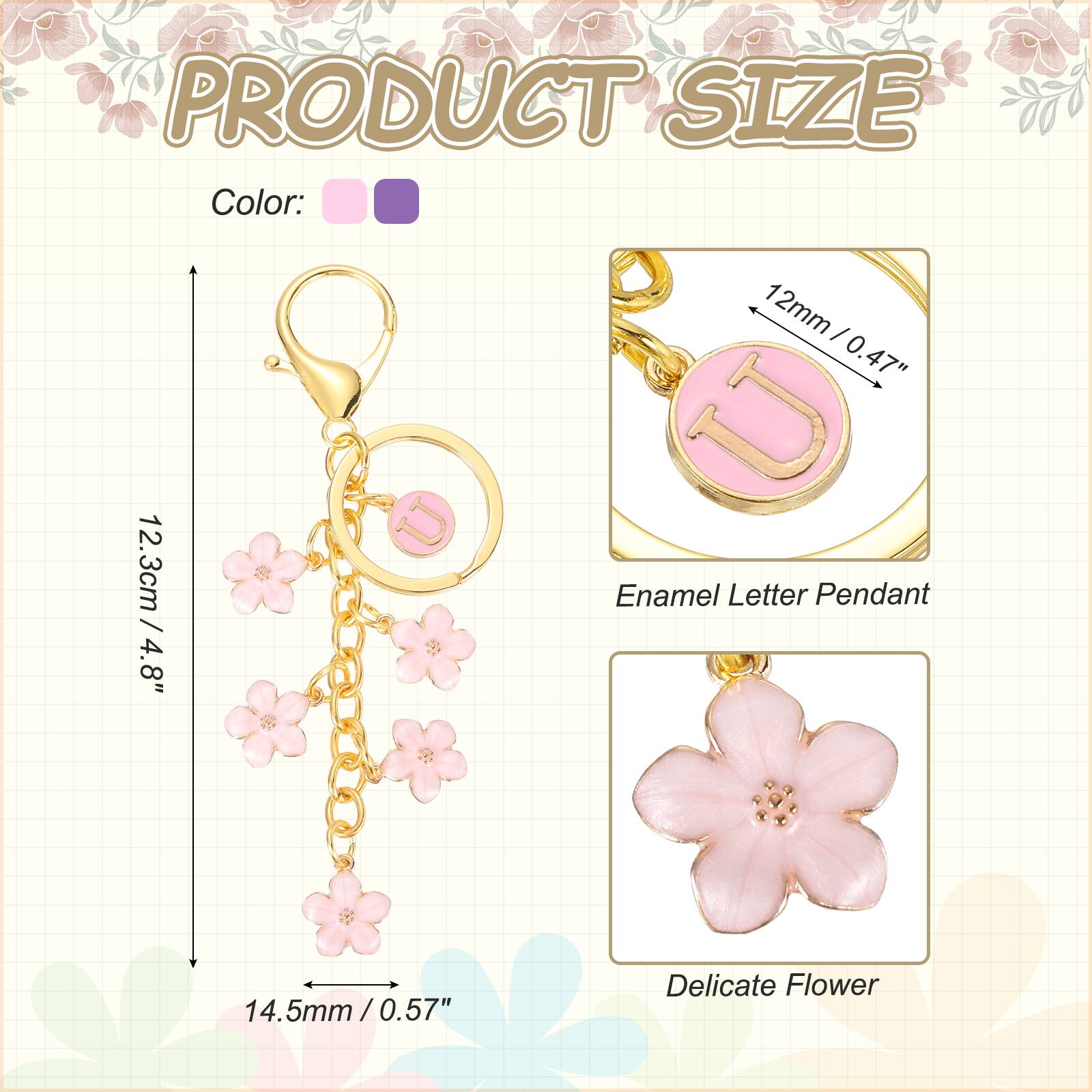 PRODUCT SIZE

Color: 12.3cm / 4.8"  
12mm / 0.47"  
14.5mm / 0.57"  

Enamel Letter Pendant  
Delicate Flower