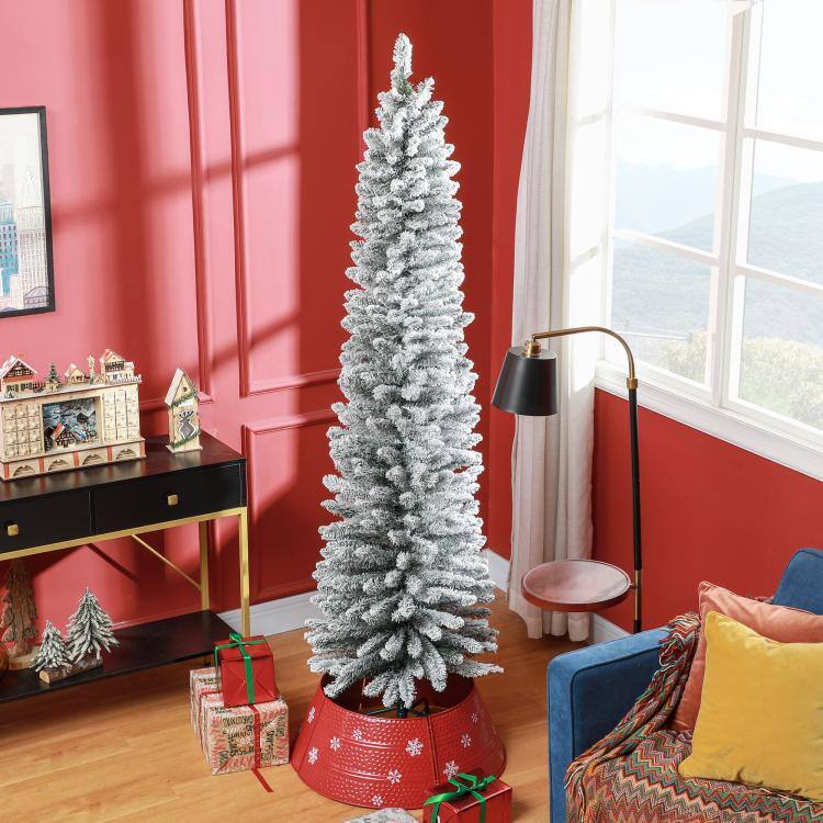 Alt View 1. PULUZ - 7ft Artificial Christmas Tree, Snow Flocked Branches, Metal Base, Pencil Xmas Tree - Green.