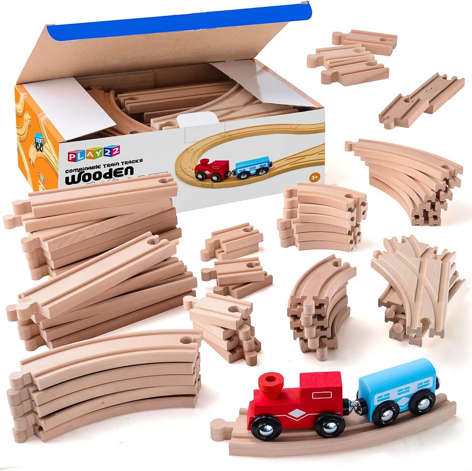 Play22 - Wooden Train Tracks - 52 PCS Wooden Train Set for Kids Plus 2 Bonus Toy Trains