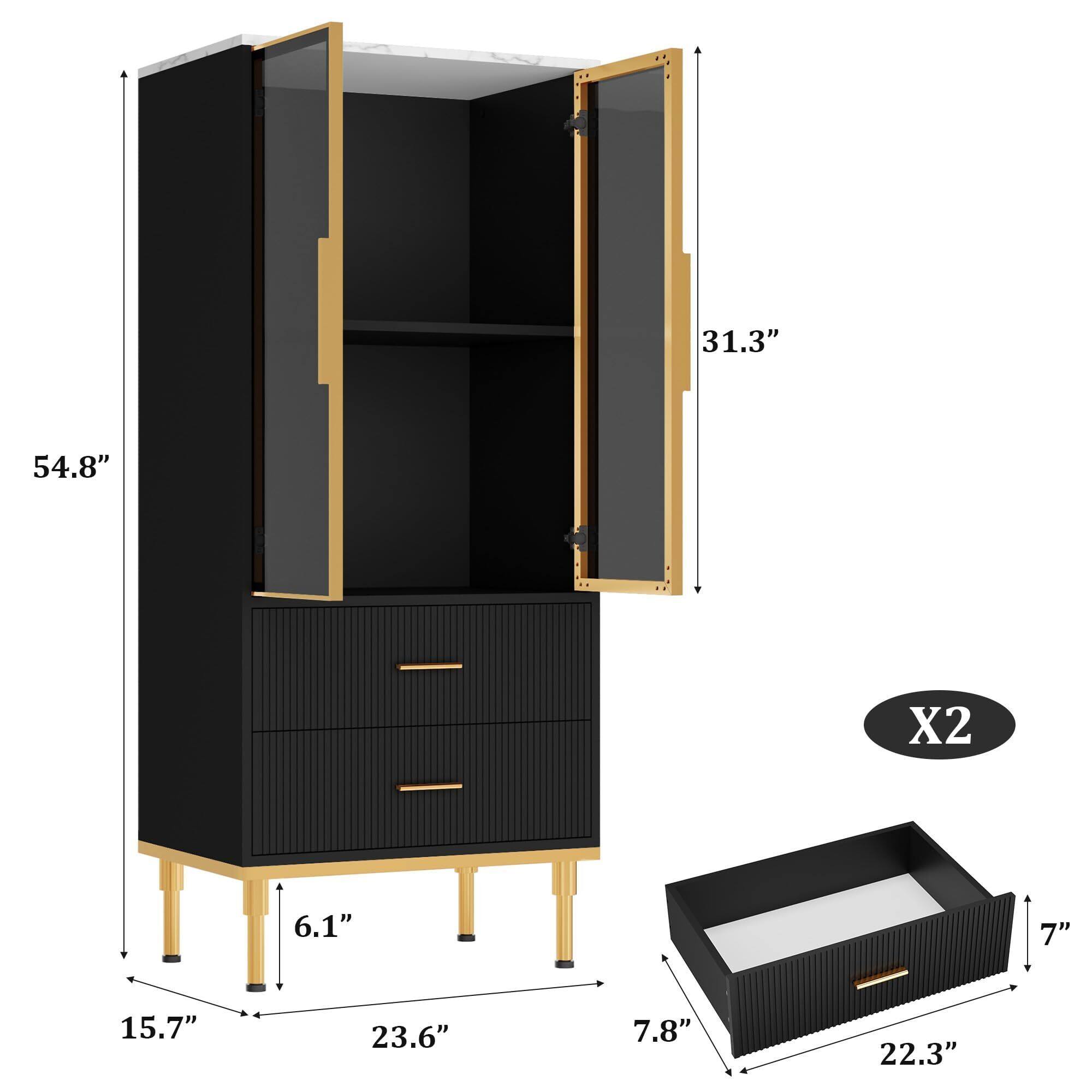Acekool - Pantry Cabinet, Freestanding Kitchen Storage Cabinet with Glass Door and 2 Drawers, Modern Kitchen Cupboard - Black