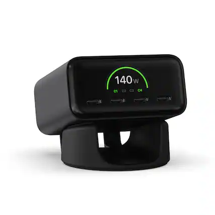 Front. Satechi - ChargeView 140W Desktop GaN Charger - 4 USB-C Ports, Live Power Display, for MacBook, iPhone, iPad - Space Black.