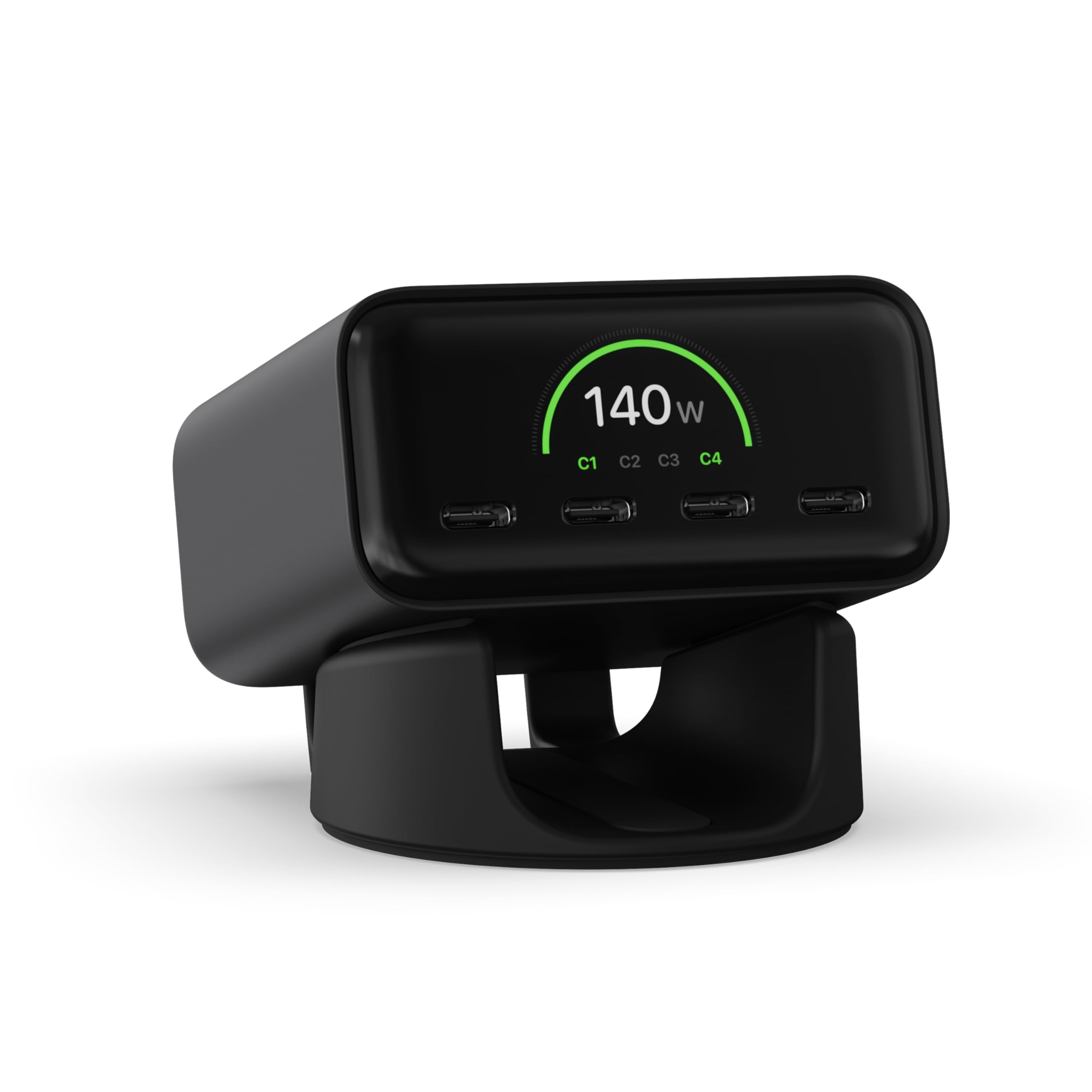 Front. Satechi - ChargeView 140W Desktop GaN Charger - 4 USB-C Ports, Live Power Display, for MacBook, iPhone, iPad - Space Black.