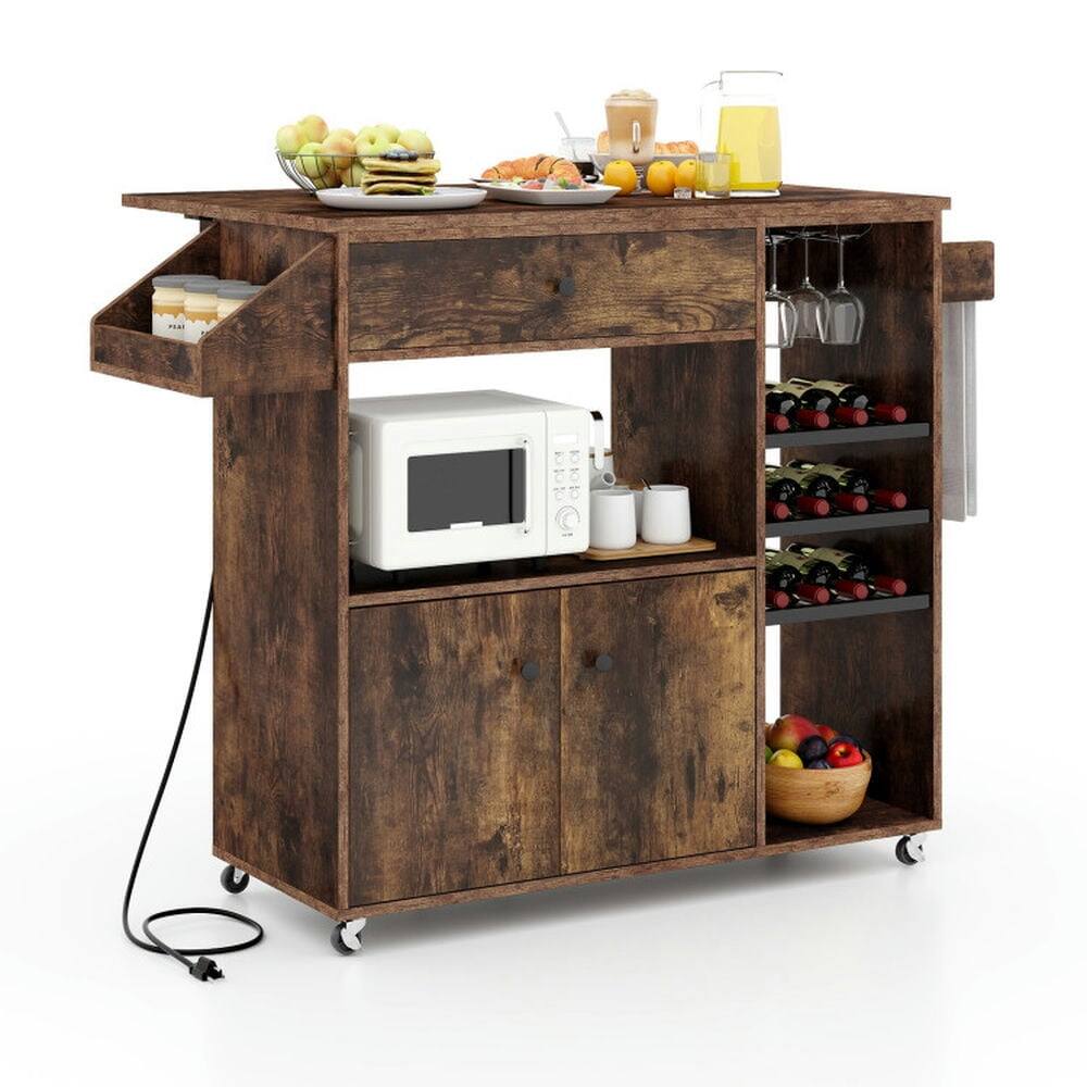 Front. Kadyn - Drop Leaf Mobile Kitchen Island Cart with Power Outlet and Adjustable Shelf-Rustic Brown, Kitchen Island, Island Table - Brown.