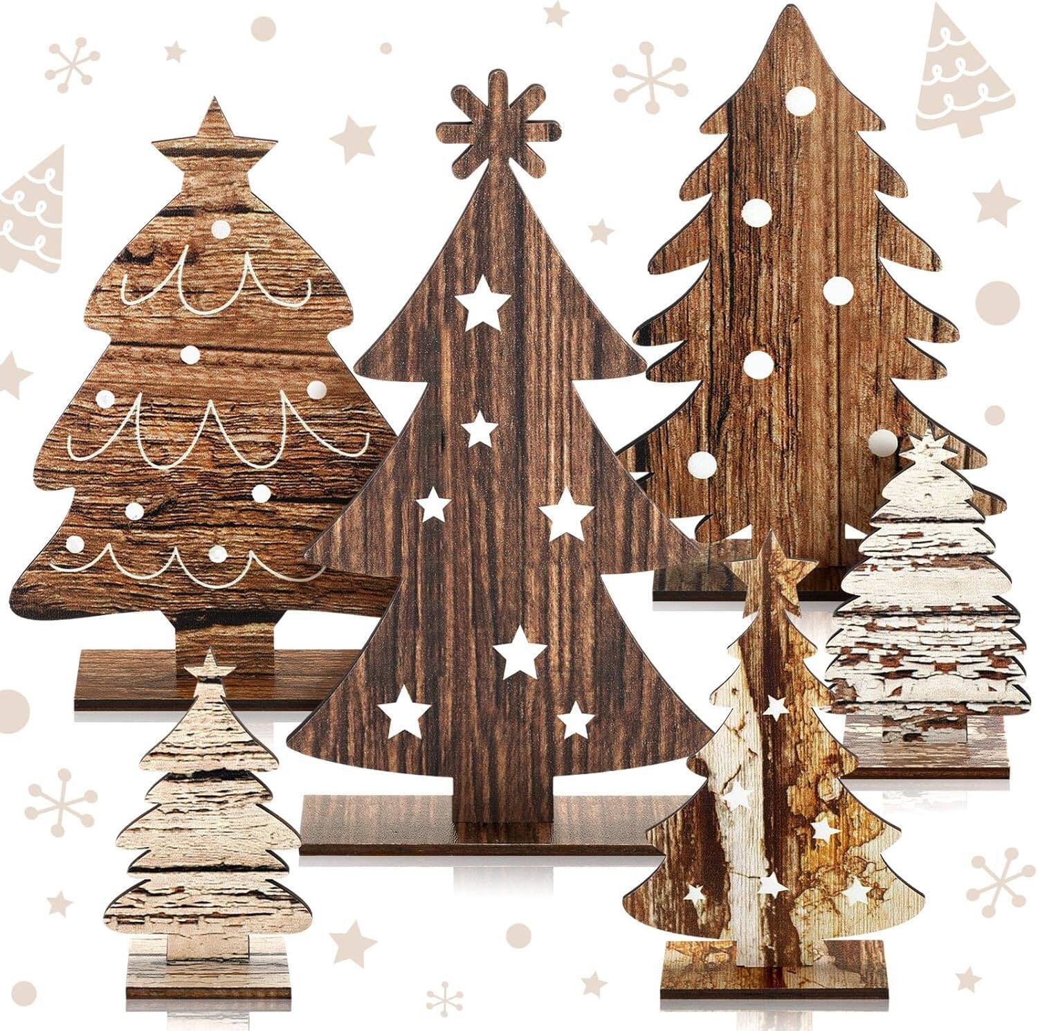 Front. RTMB - 6-Pc Wooden Tabletop Christmas Trees Rustic Farmhouse Holiday Decor - Wood.