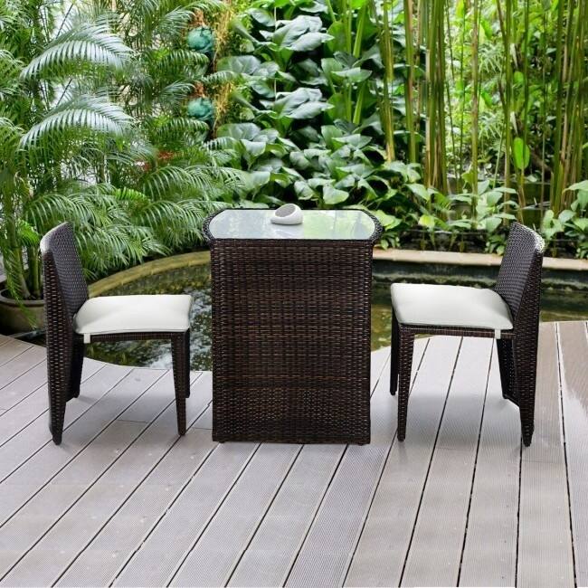 Alt View 1. Hivvago - 3 Piece Compact Espresso/White Wicker Patio Cushioned Outdoor Chair Table Set - Espresso/White.