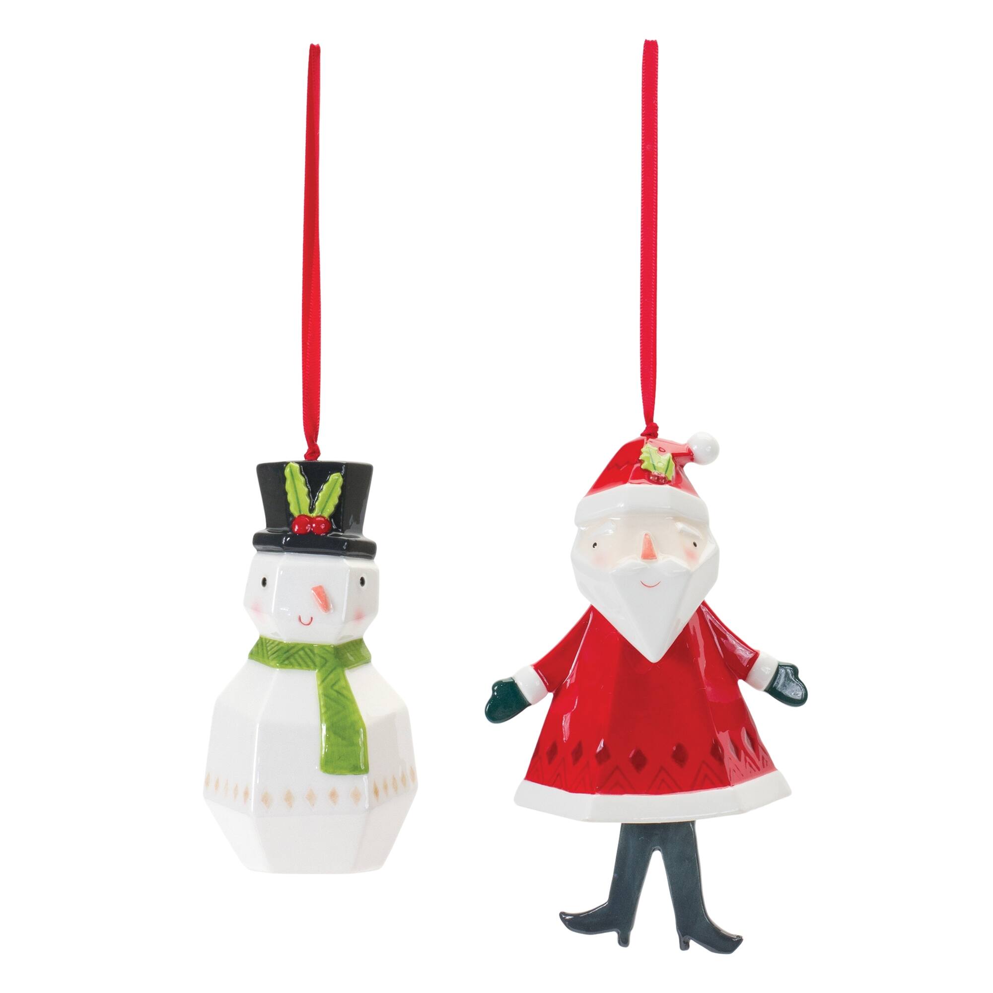 Angle. BreeBe - Whimsical Santa and Snowman Ornament (Set of 6) - White, Red.