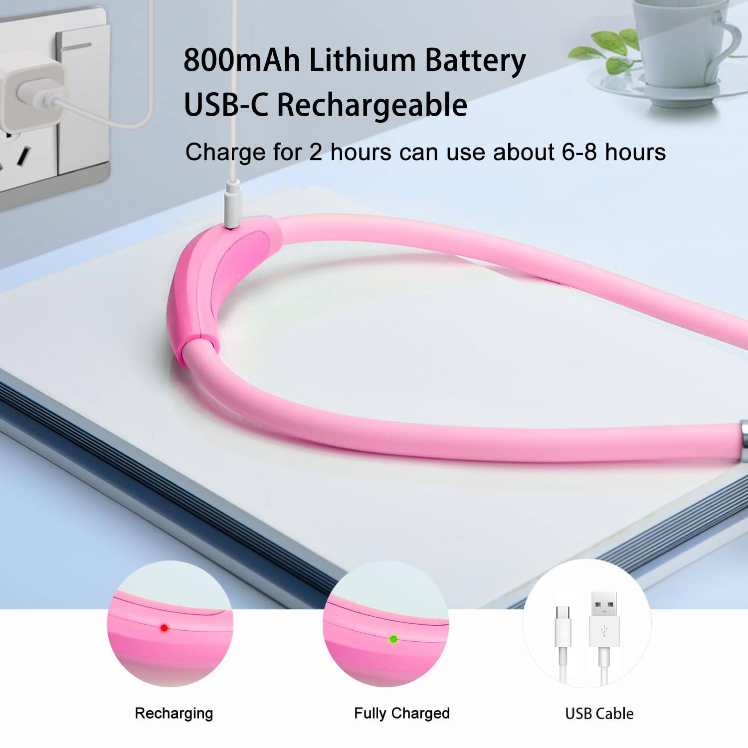 800mAh Lithium Battery  
USB-C Rechargeable  

Charge for 2 hours can use about 6-8 hours  

Recharging  
Fully Charged  
USB Cable