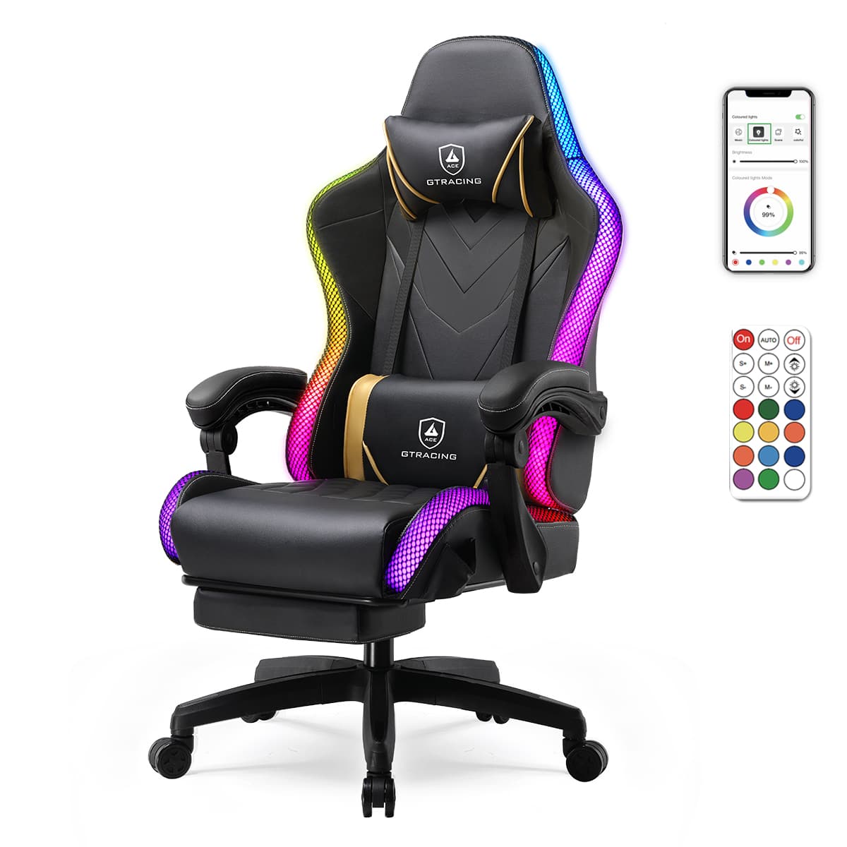 GTPlayer - RGB Gaming Chair with LED Lights Ergonomic Computer Gaming Chair Without Massage - Black