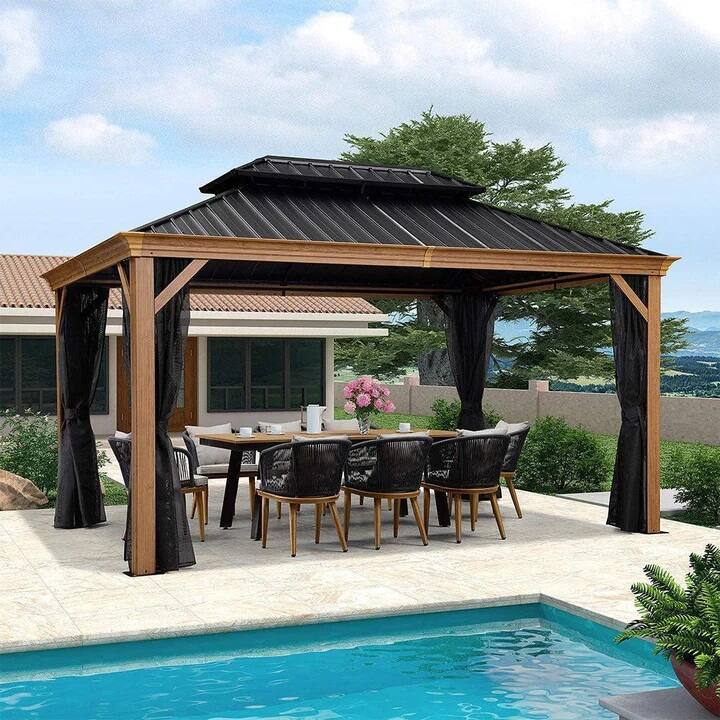 PURPLE LEAF - 10 X 14 FT Hardtop Outdoor Wood Grain Aluminum Gazebo with Double Roof for Patio Lawn and Garden, Netting Included - 10' X 14'