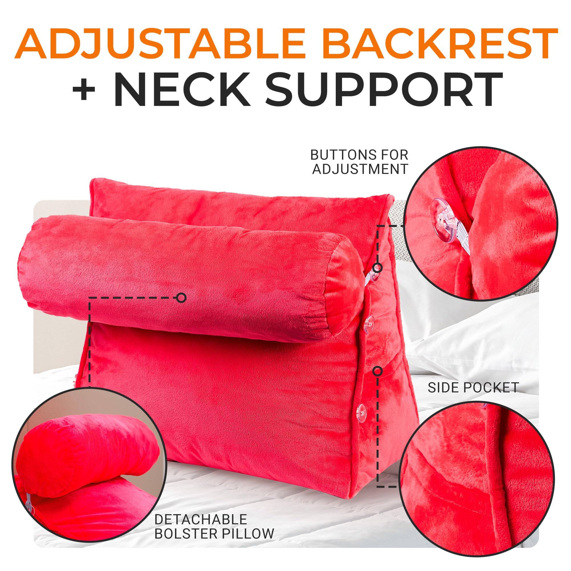 ADJUSTABLE BACKREST + NECK SUPPORT  
BUTTONS FOR ADJUSTMENT  
DETACHABLE BOLSTER PILLOW  
SIDE POCKET