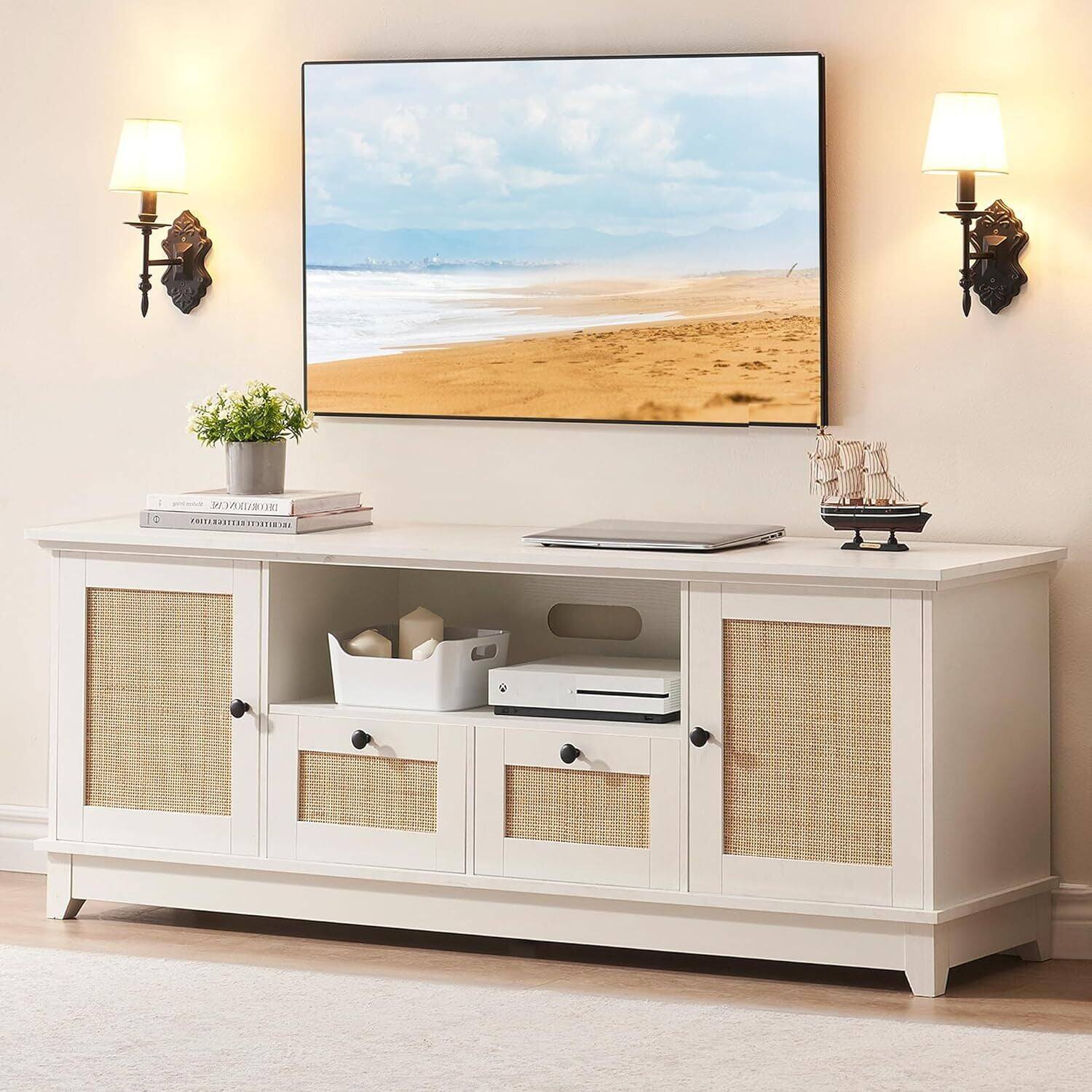 Angle. Homhougo - Rattan TV Stand for 65+ Inch TV, Stylish Console Cabinet with Mesh Door for Living Room - White.