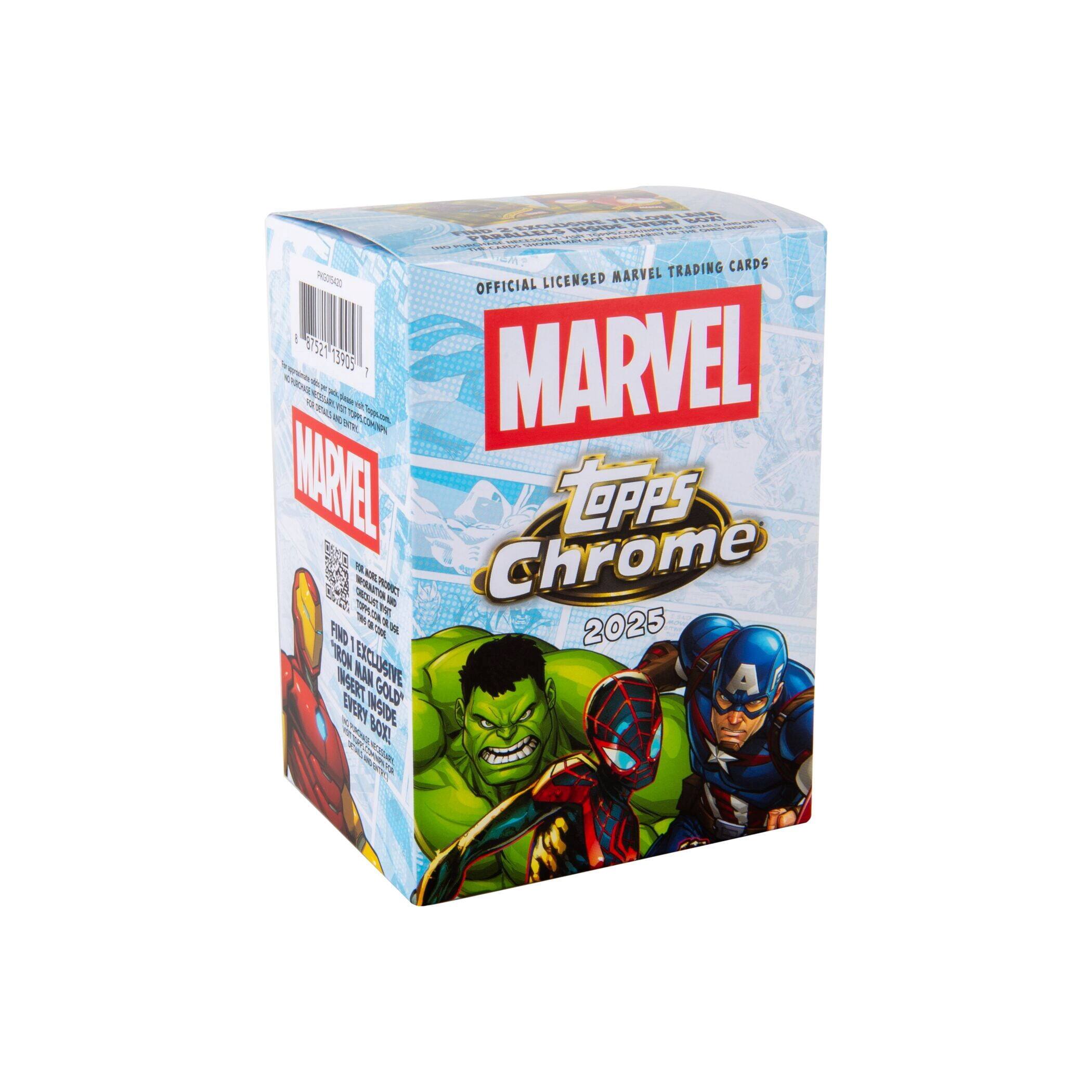 H | ! TRADING CARDS IG LICENSED MARVEL OFFICIAL Y 57527139935 752 13925 1 MARVEL S p wT - 1 - - N D hae PRNGUN MAKEL LPPS BE Chrome NEW WRITN PSPIC. Ceos TROUE T - AE TA N 2025 FND T 1 ON EXCLUSIVE INSERT RAN A EVERY GOLD MADE BOXL S
