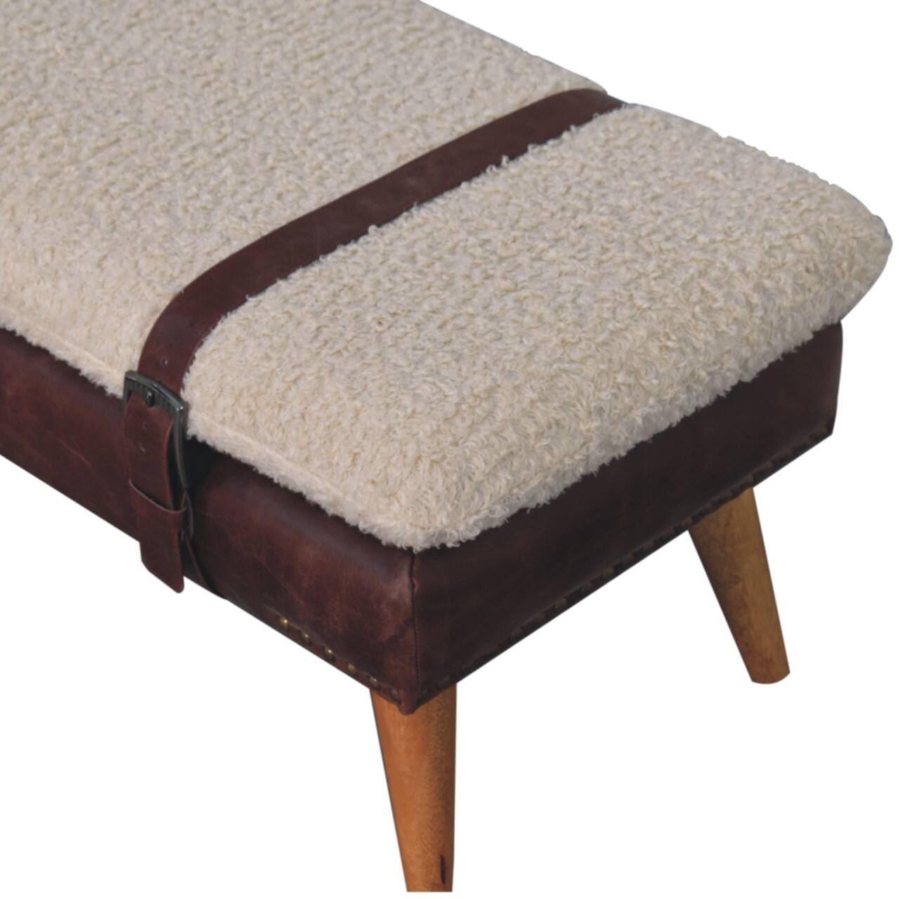 Alt View 1. Artisan Furniture - Artisan Furniture Solid Wood Boucle x Brown Leather Bench, Upholstered, Brown and Cream - Brown and Cream.