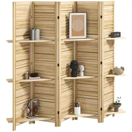 Front. Homcom - Room Divider, 5 Panel 67" Tall Wood Privacy Screen with 3 Display Shelves, and Folding Storage for Bedroom or Home Offic - natural.